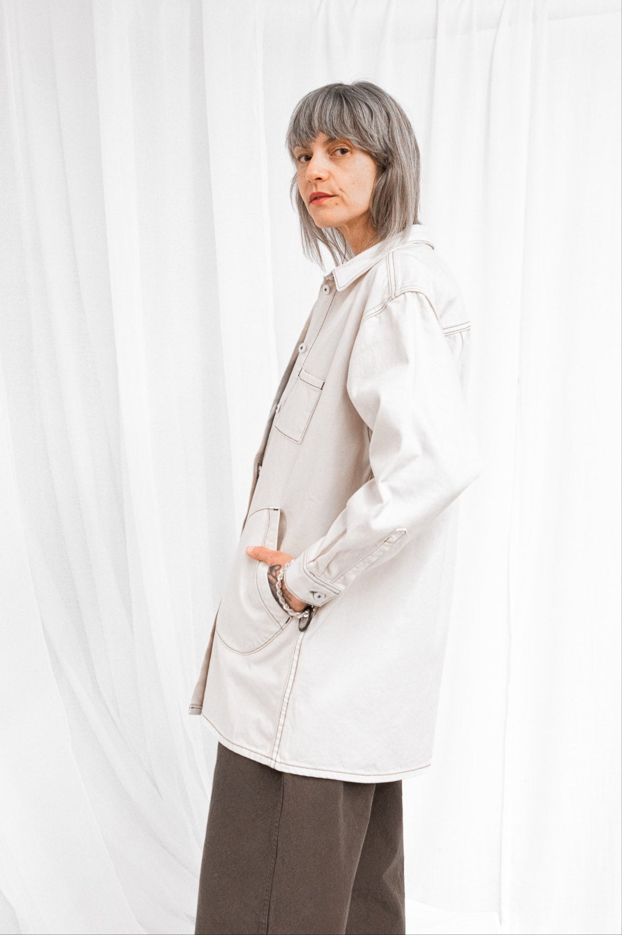 Okuda Jacket in Natural with Slate Stitch