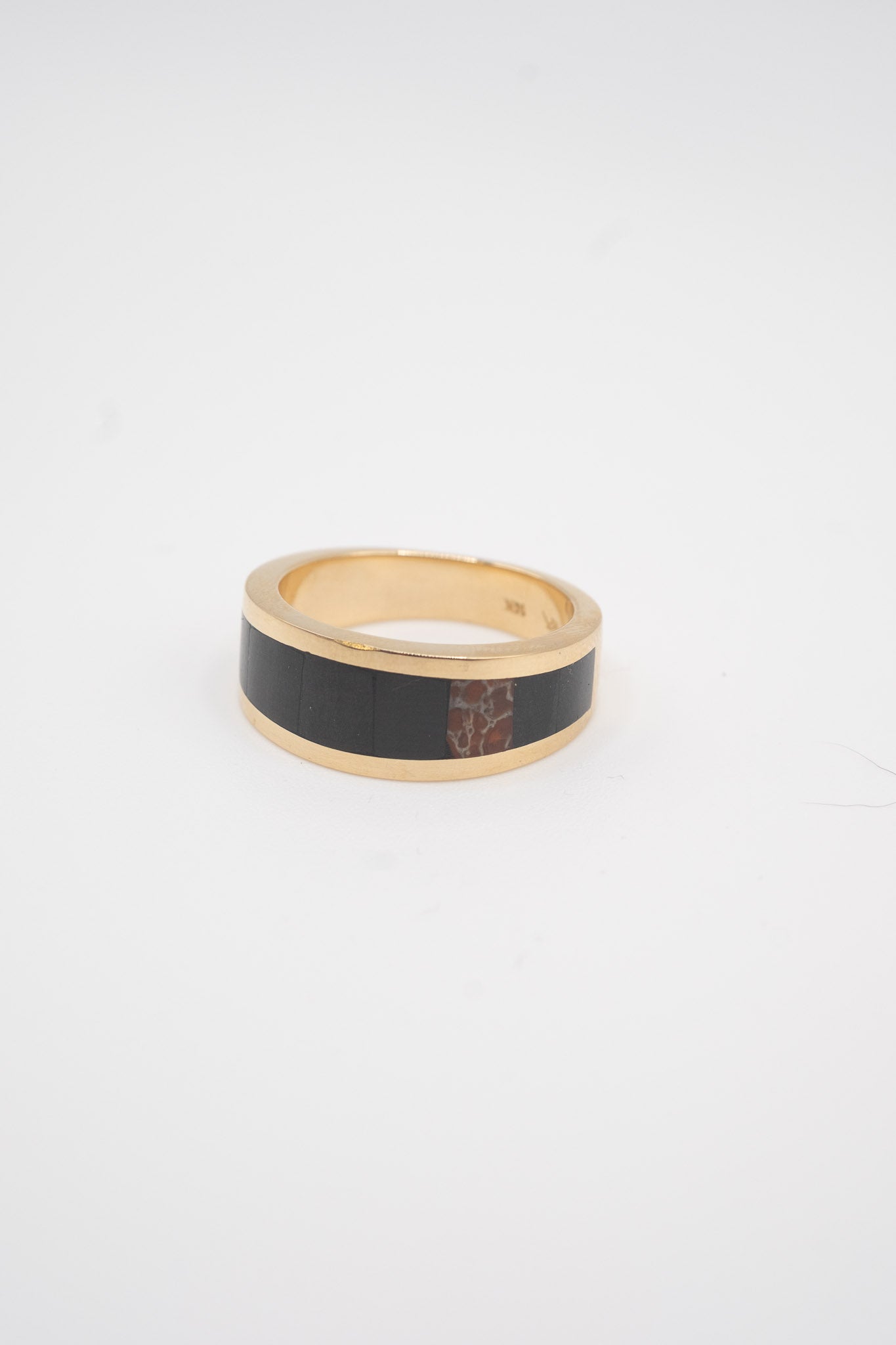 Komorebi Ring in 14k Gold, Black Jade & Red Dinosaur Bone