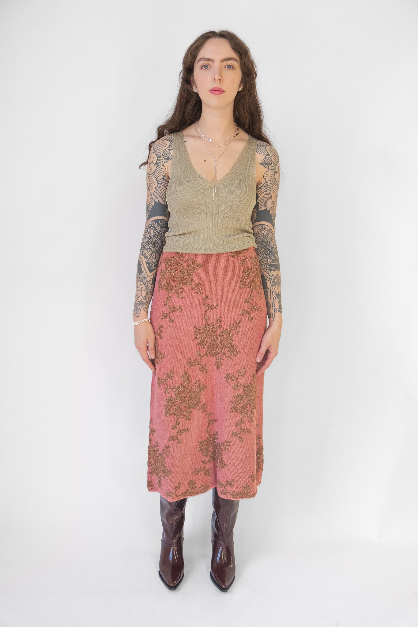 Broccada Skirt in Melon Bronze Chenille Jacquard