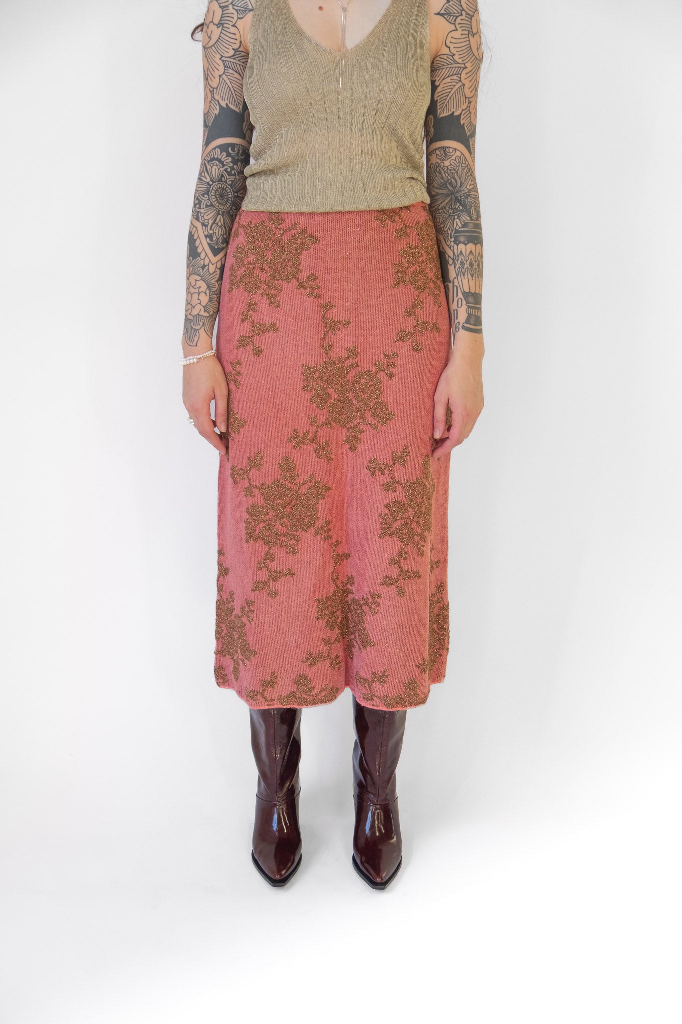 Broccada Skirt in Melon Bronze Chenille Jacquard