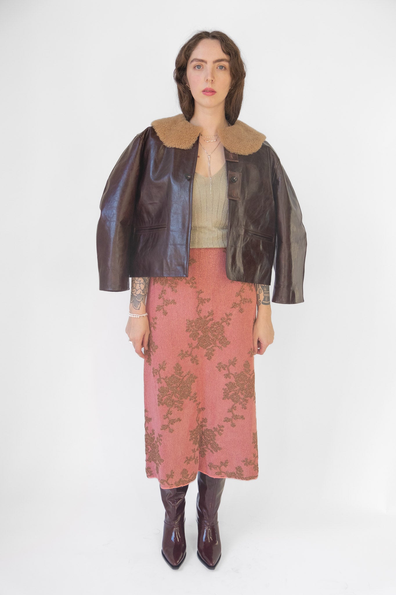Broccada Skirt in Melon Bronze Chenille Jacquard