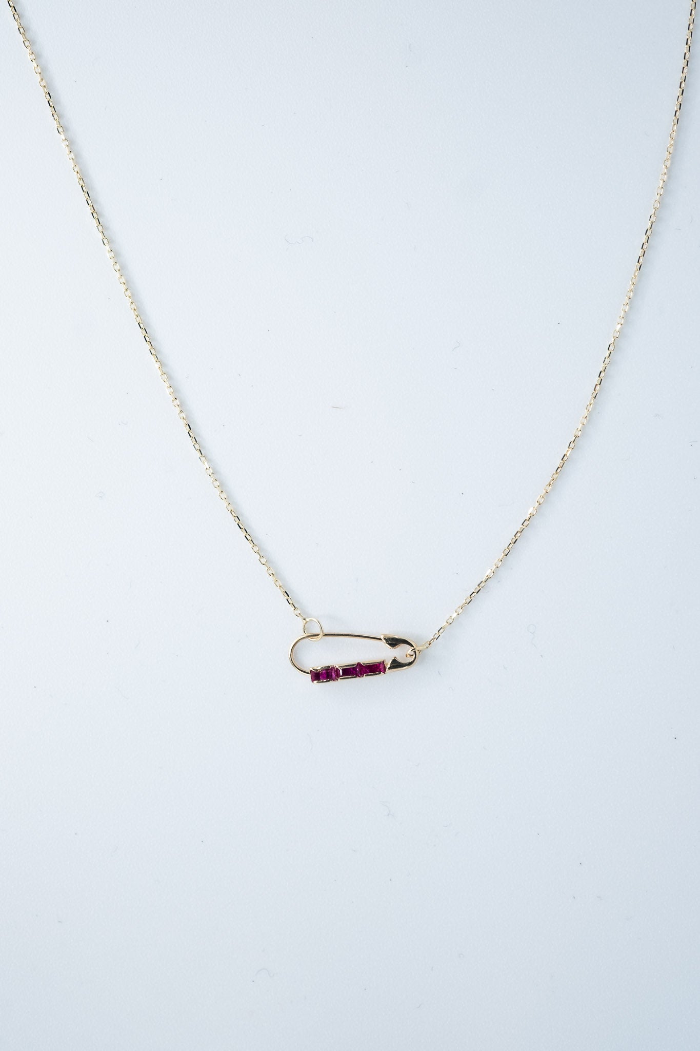 Baguette Safety Pin Necklace in 14k Gold & Rubies