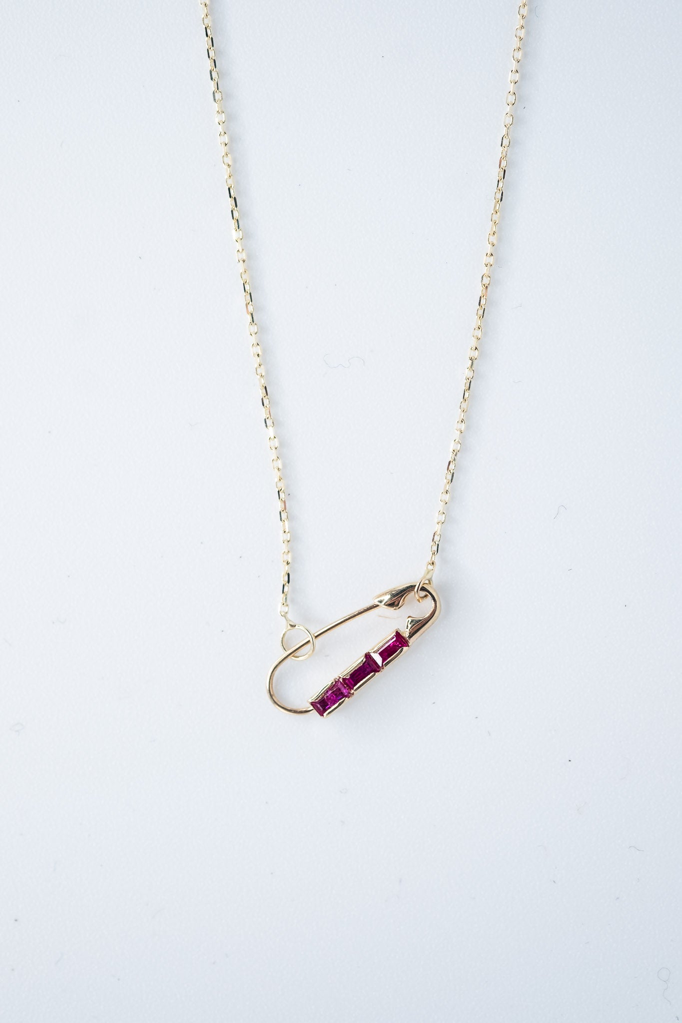 Baguette Safety Pin Necklace in 14k Gold & Rubies