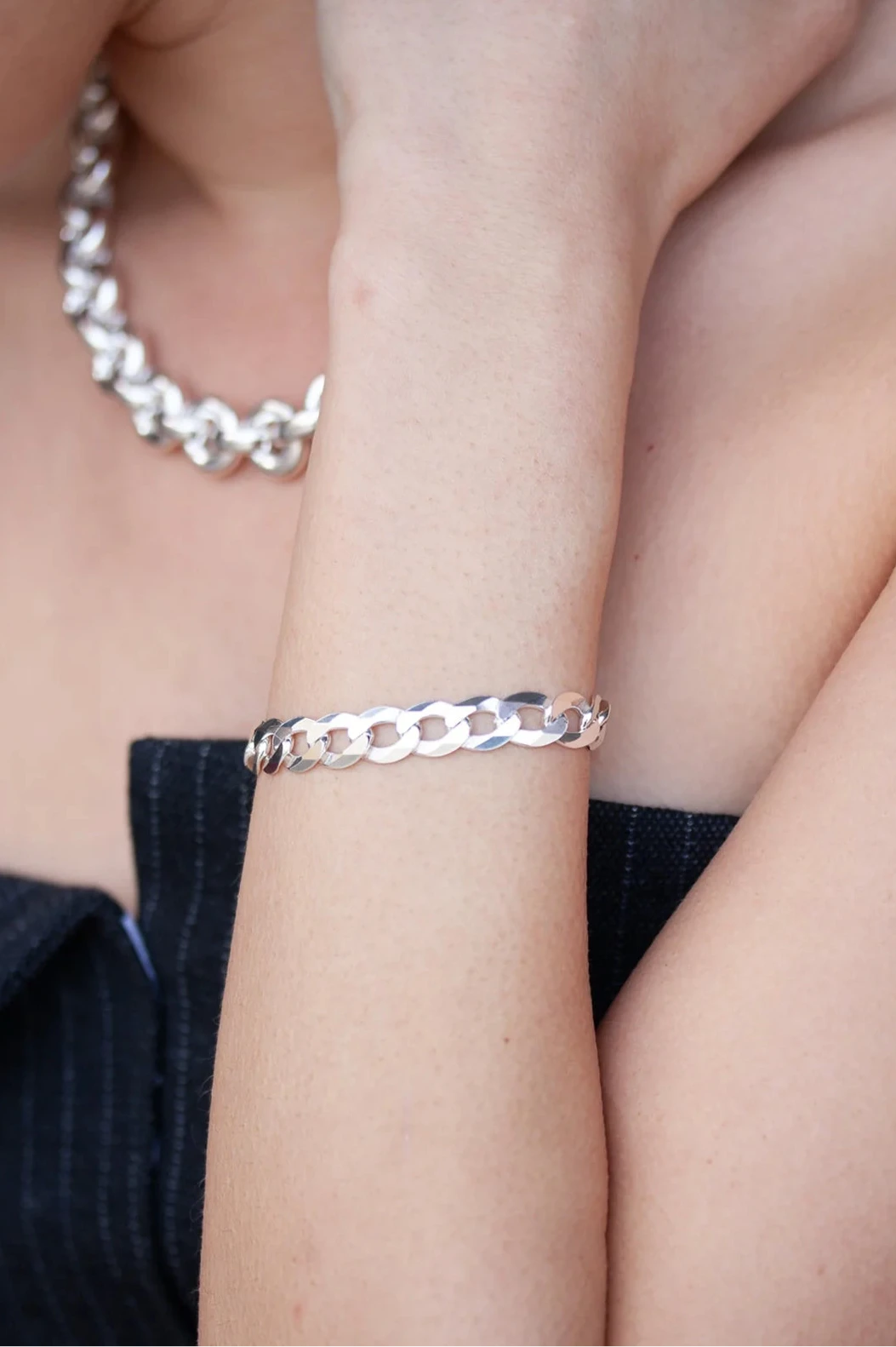 Flat Curb Chain Bracelet in Sterling Silver