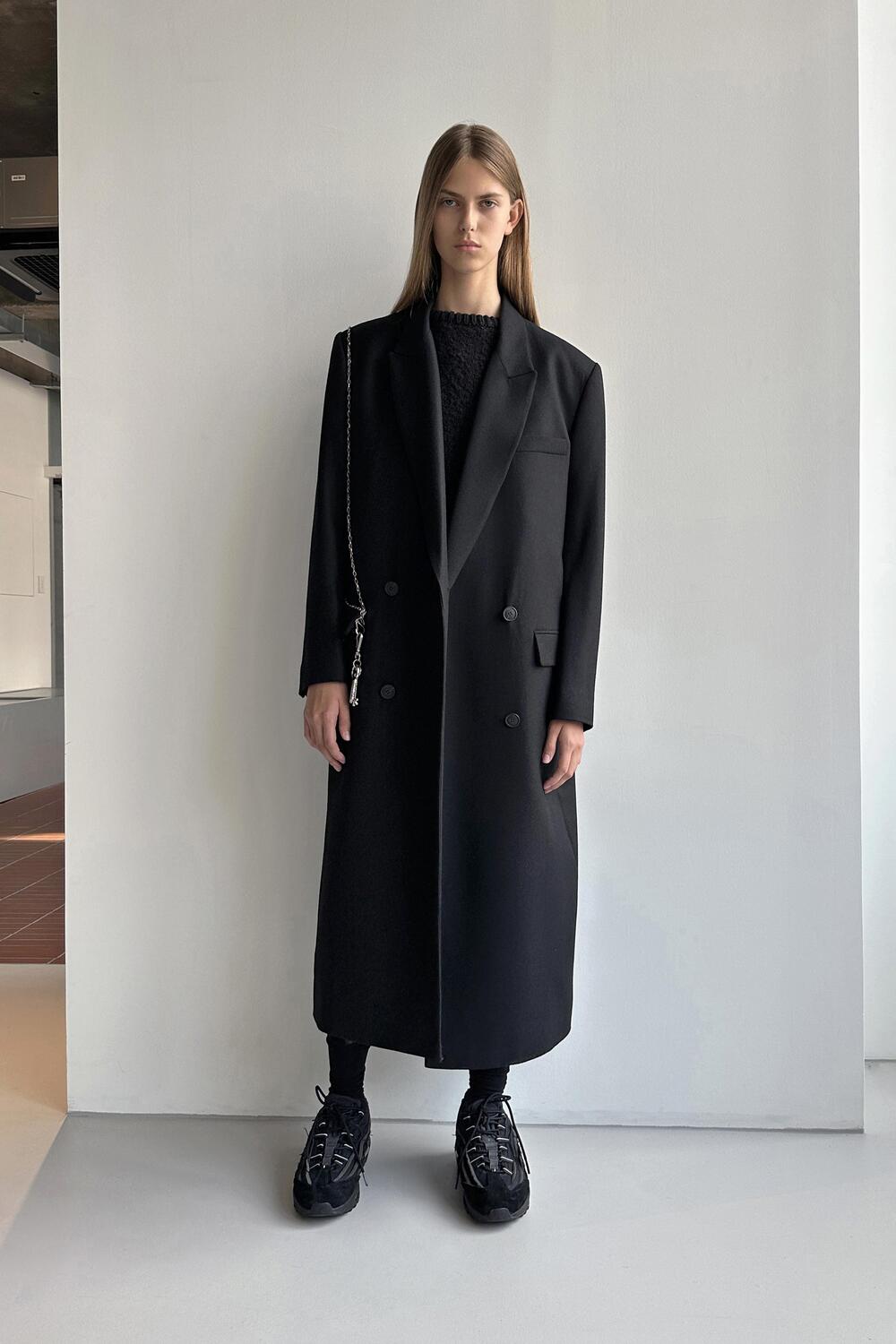 Double Long Coat in Black by Low Classic