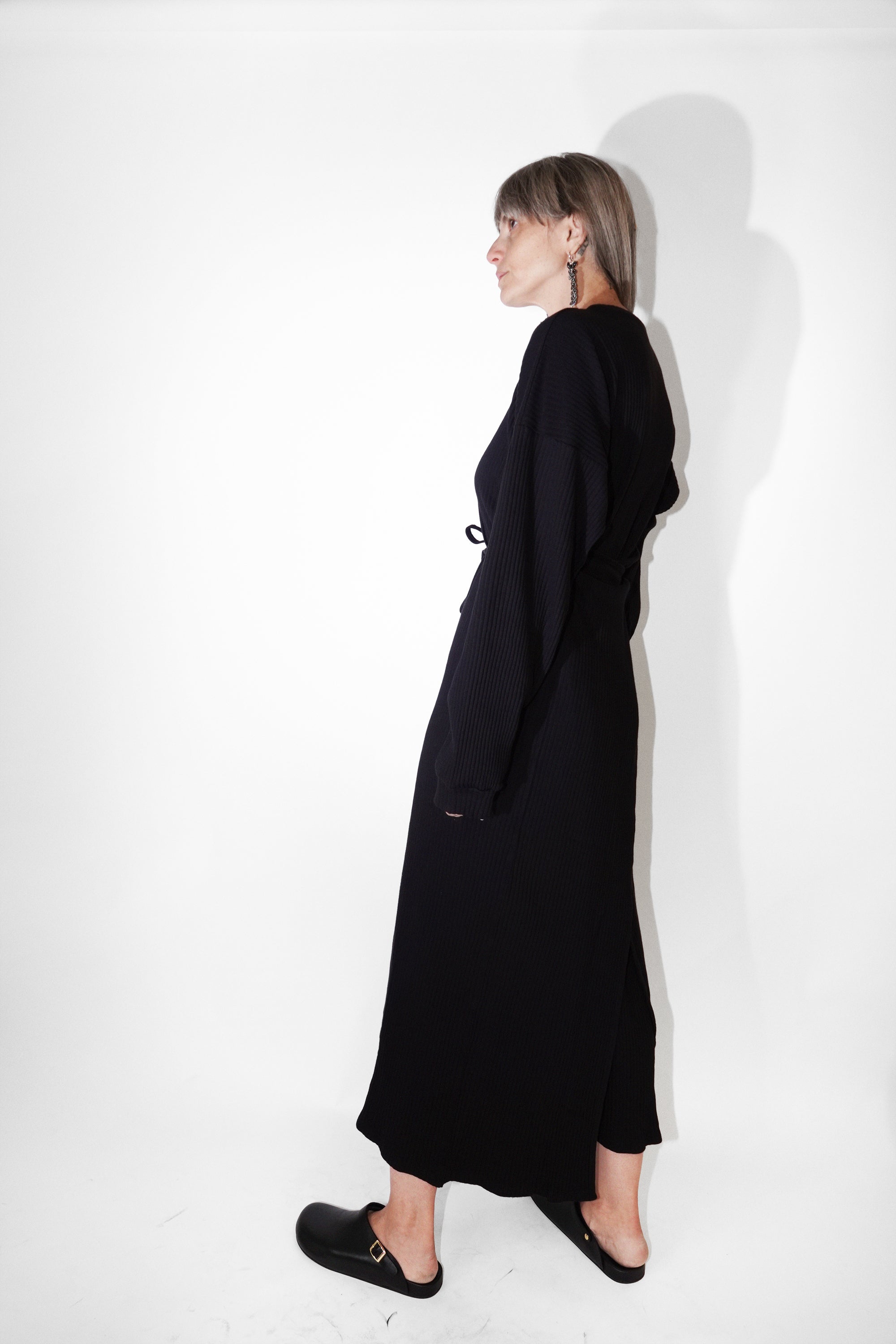 Shaw Long Sleeve Caftan in Black Organic Cotton Fleece by Baserange