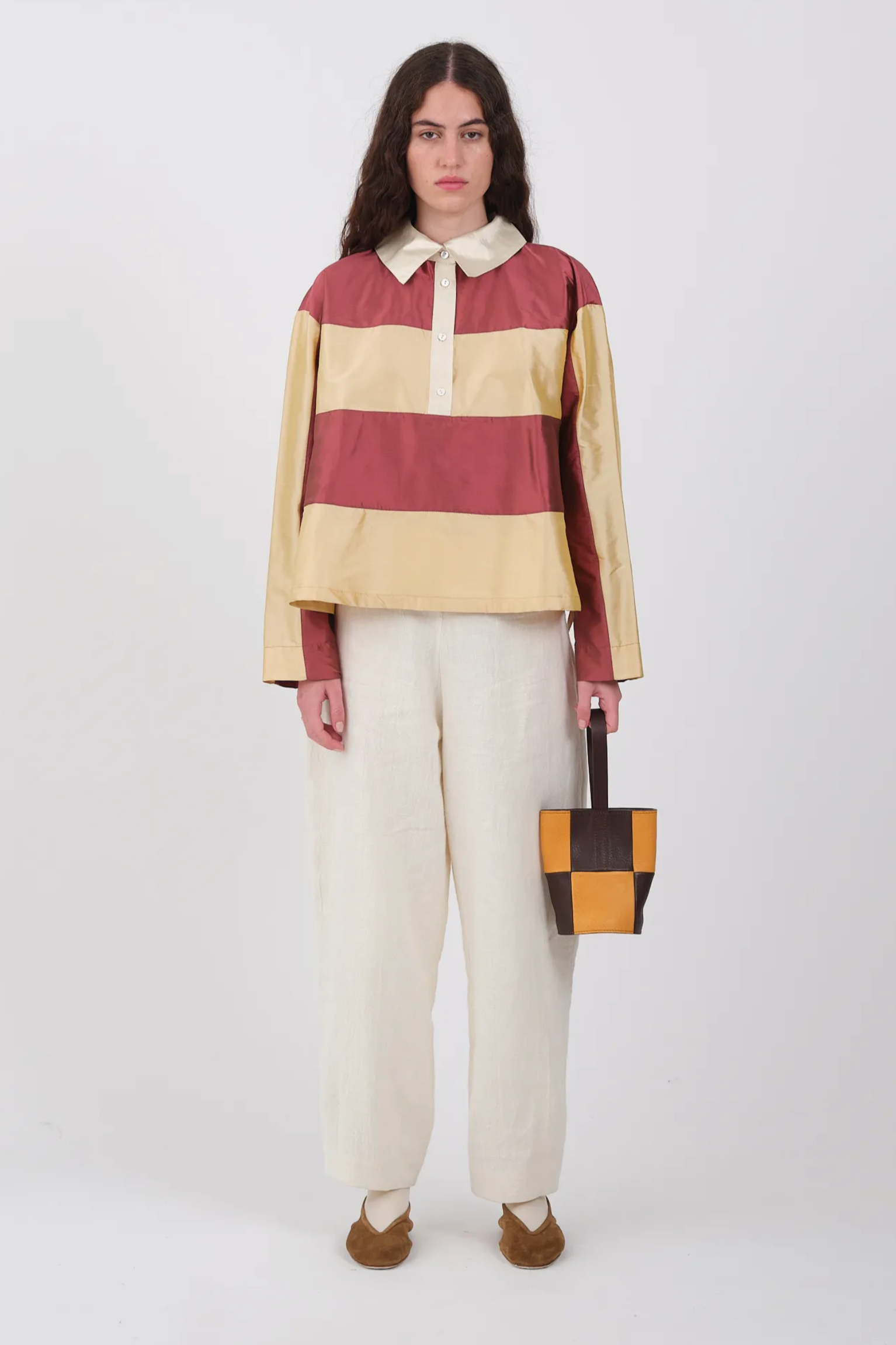 cawley silk dupion rugby shirt rhubarb custard ivory