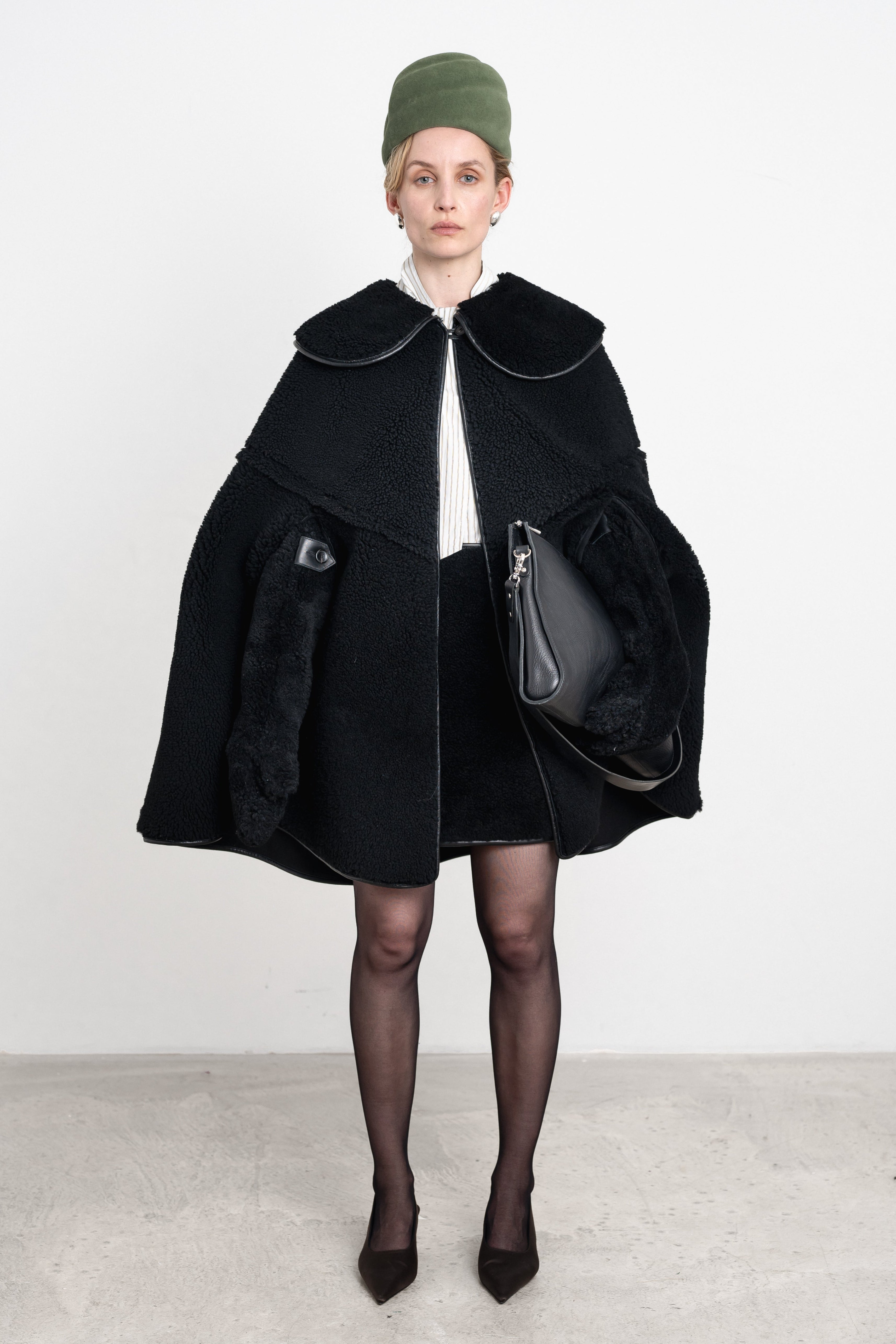 Sadie Mini Skirt in Black Leather Back Curly Hair Sheepskin