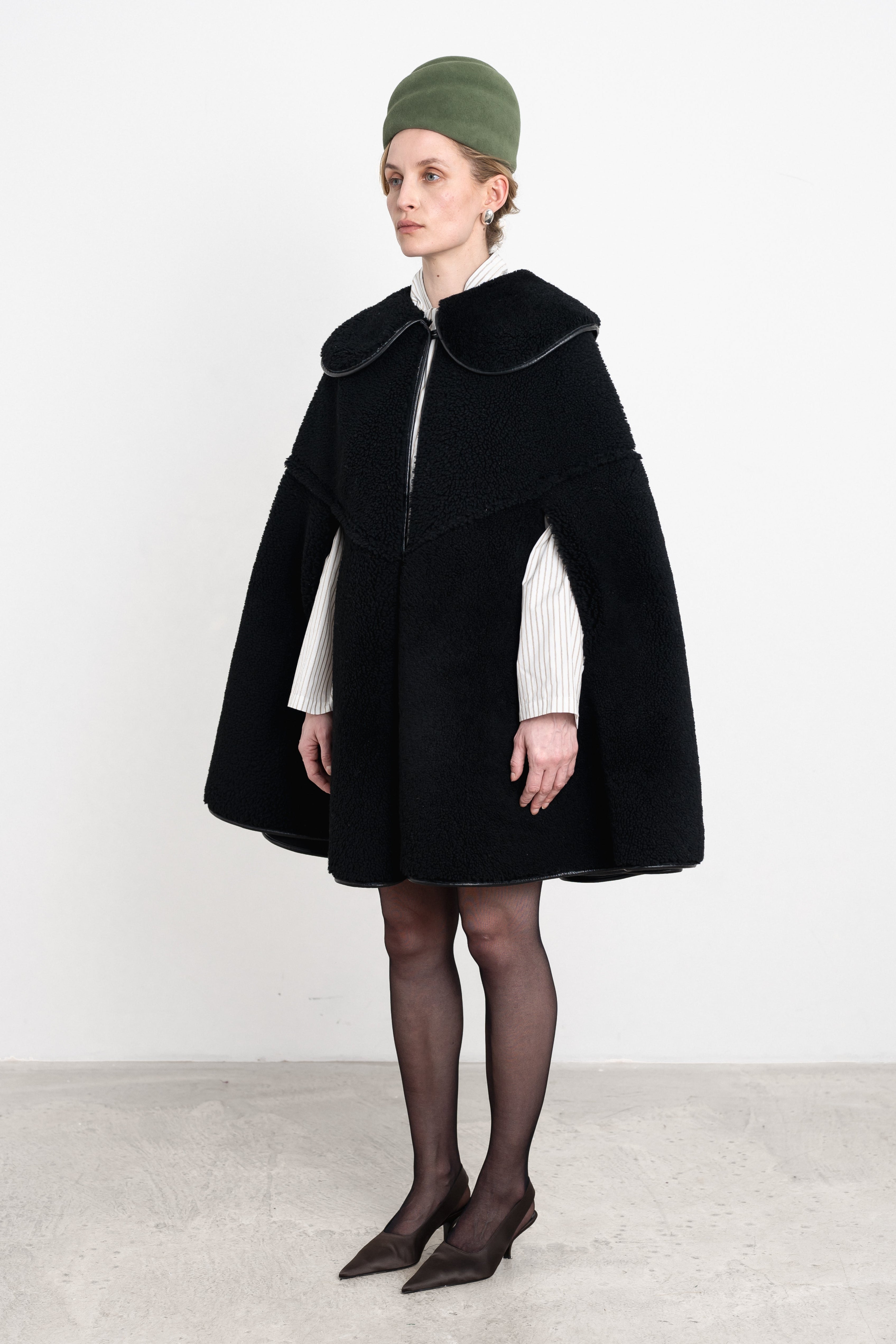 Etta Cape in Black Suede Back Curly Sheepskin