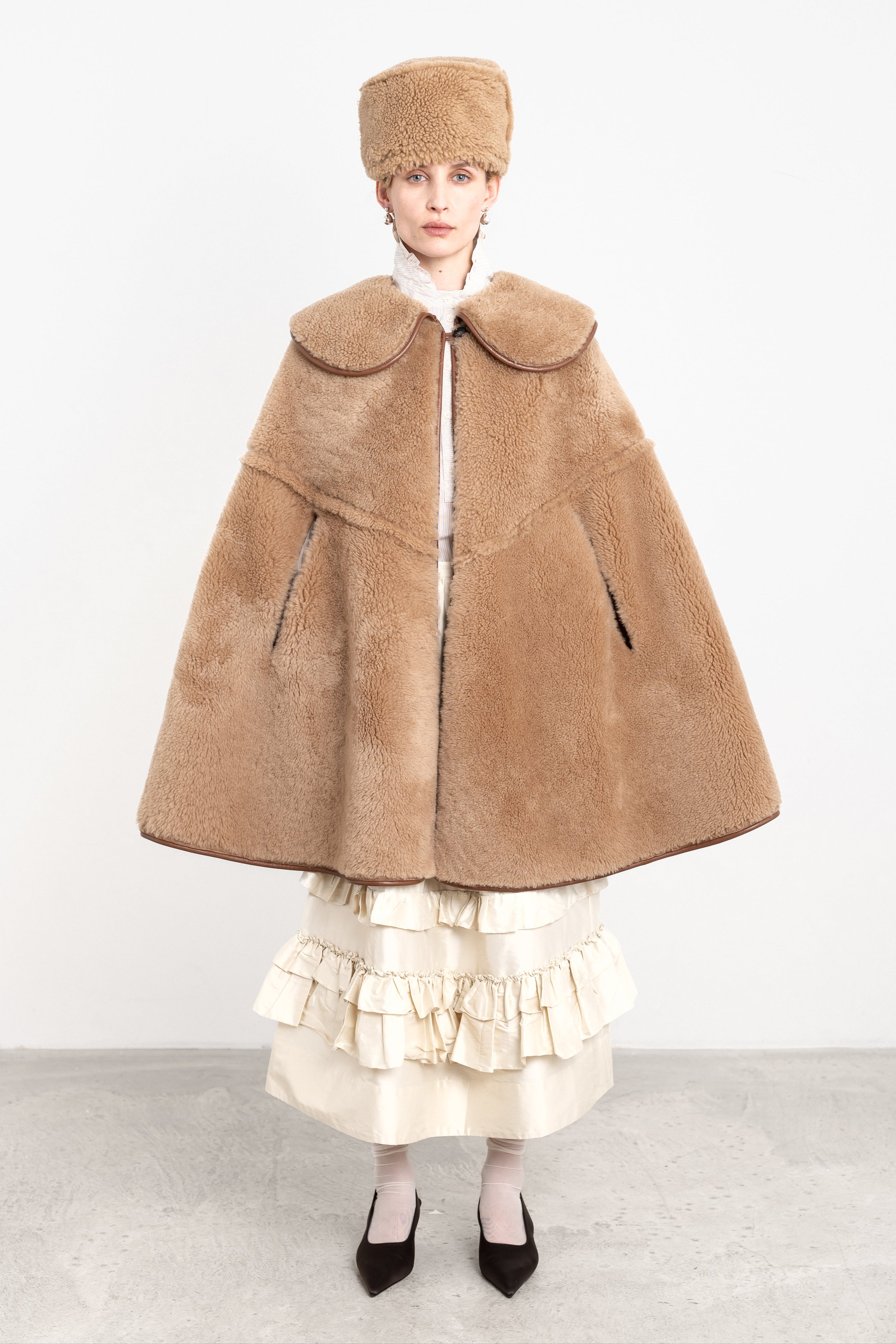 Etta Cape in Tan Suede Back Curly Sheepskin