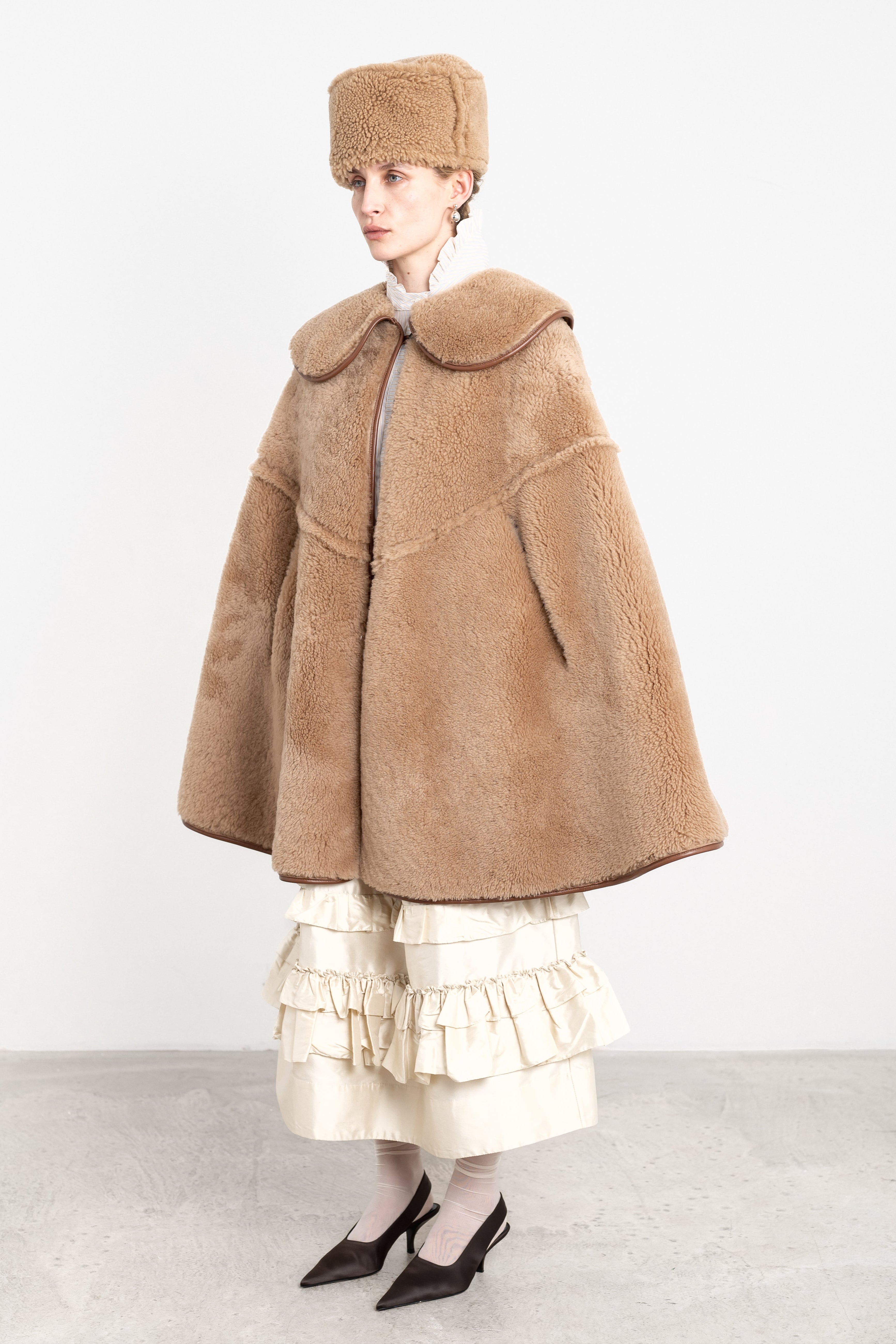 Etta Cape in Tan Suede Back Curly Sheepskin