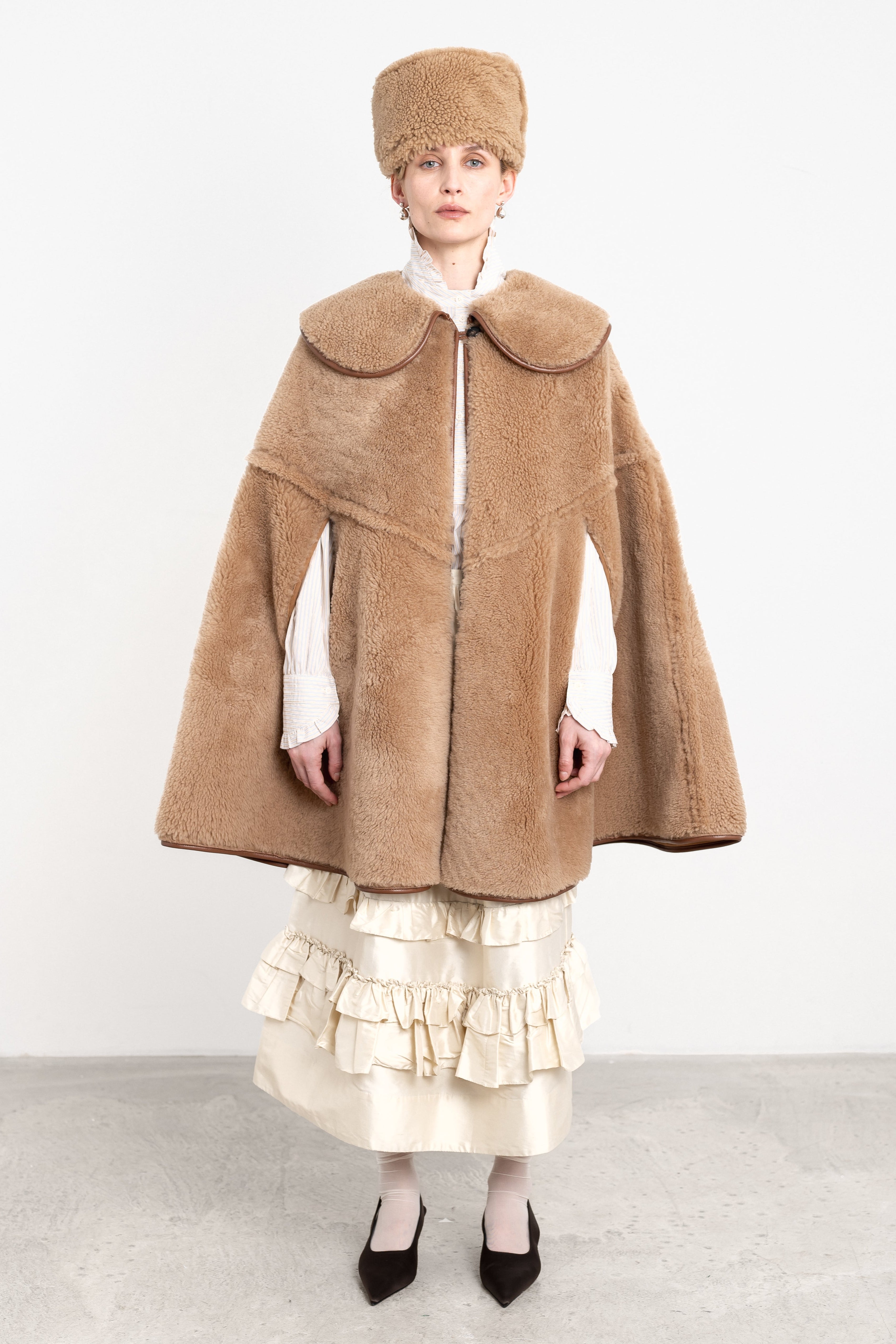 Etta Cape in Tan Suede Back Curly Sheepskin