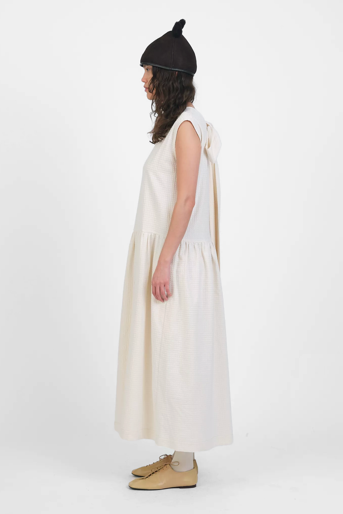 Gathered Isabella Dress in Ecru Japanese Waffle Cotton BY CAWLEY