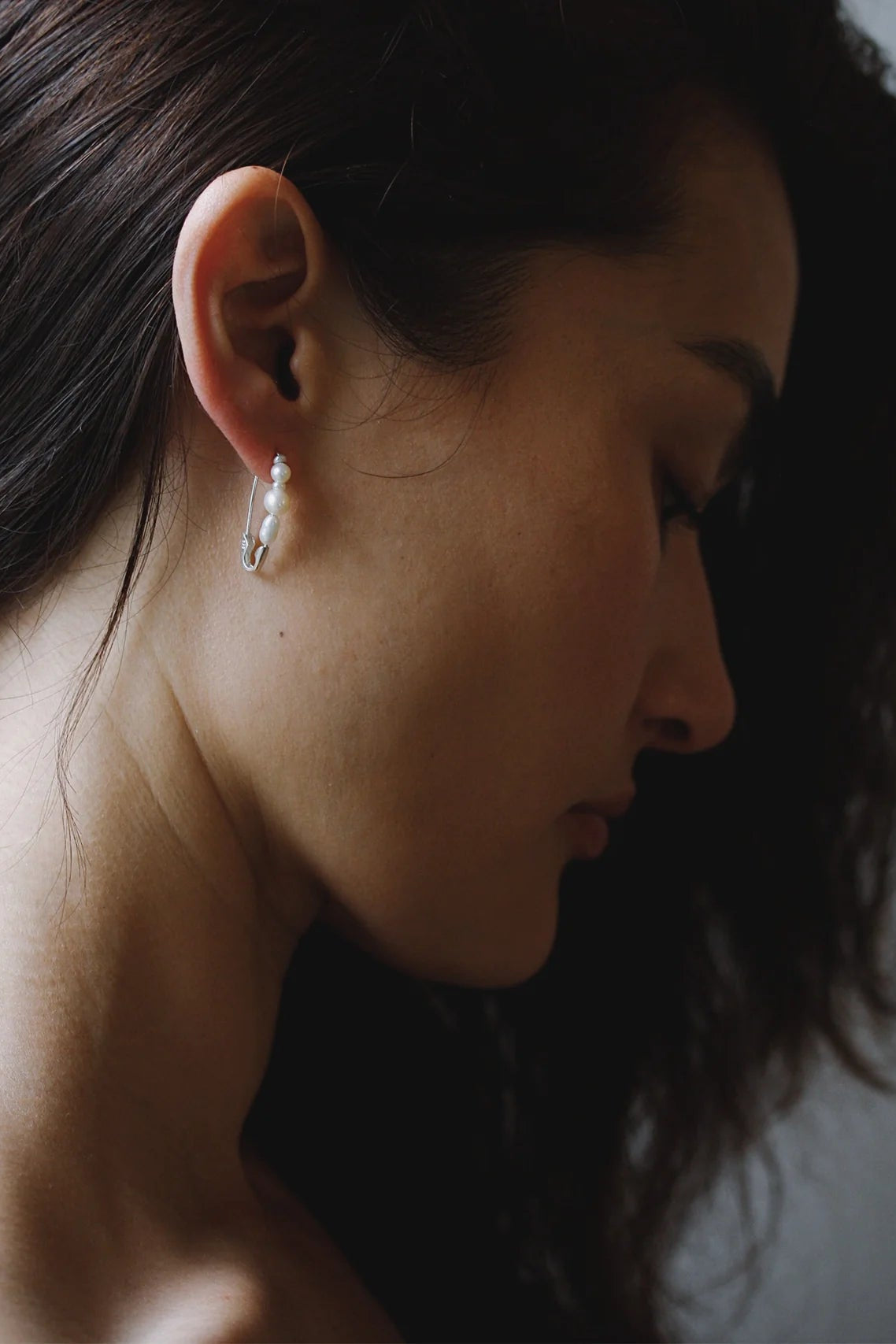 Mixed Pearl Safety Pin Earring in Sterling Silver