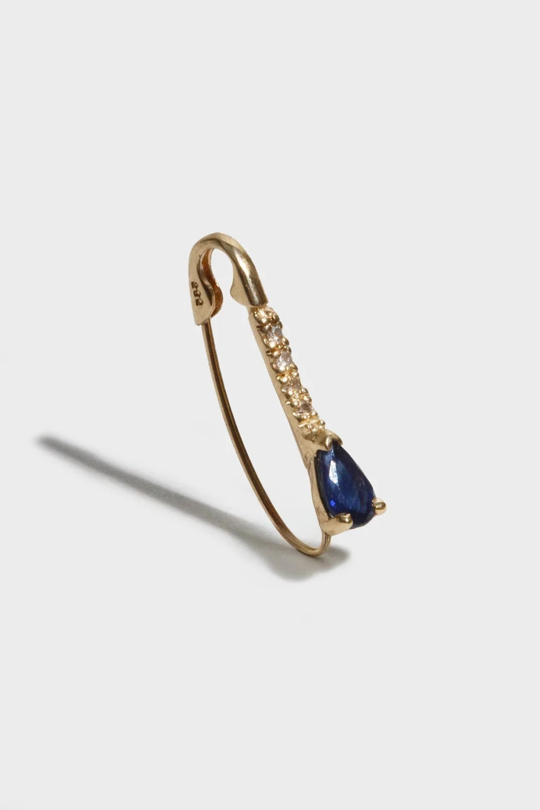 Mini Gemstone Diamond Safety Pin Earring in 14k Gold & Blue Sapphire