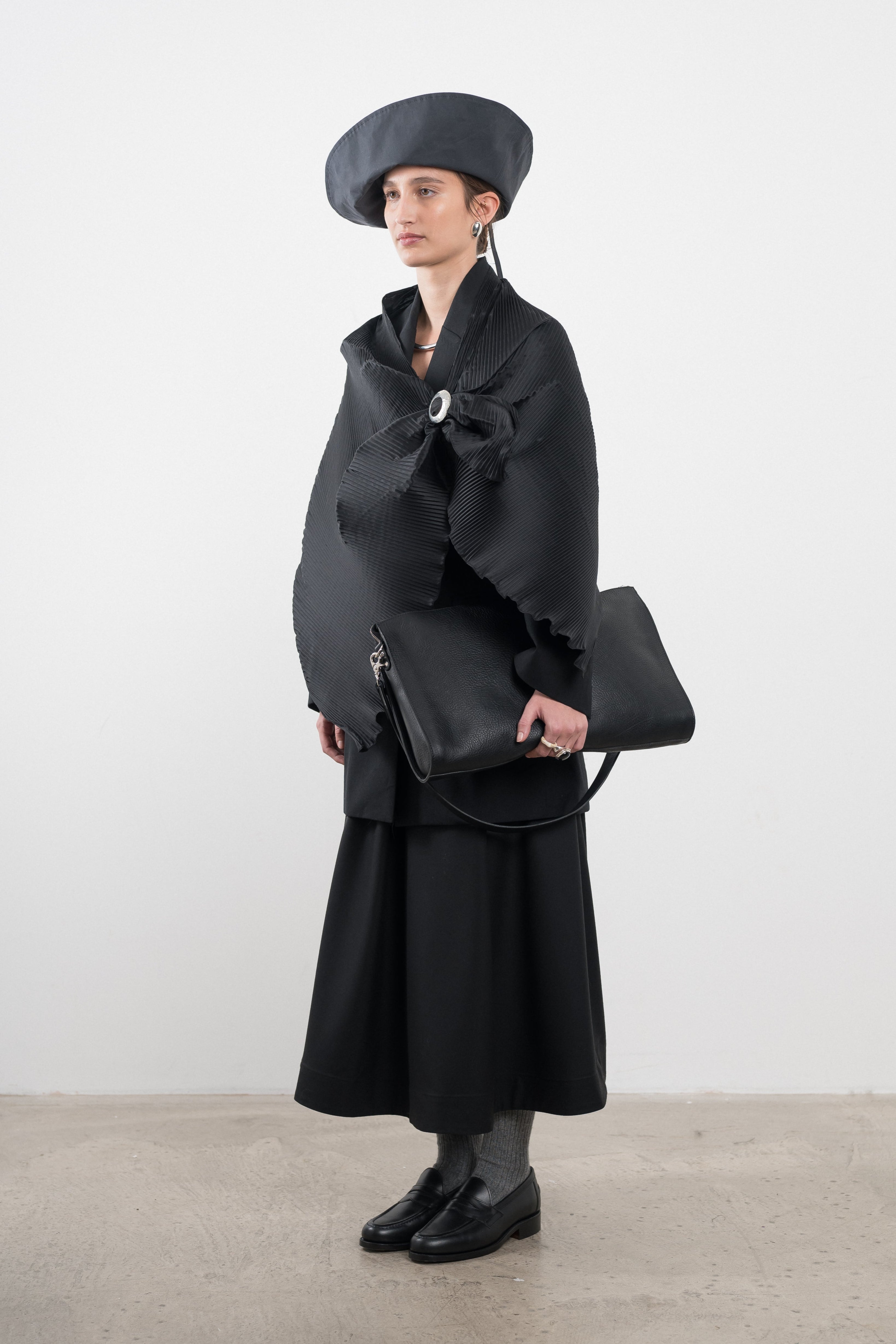 Silk Dupion Pleated Scarf in Black