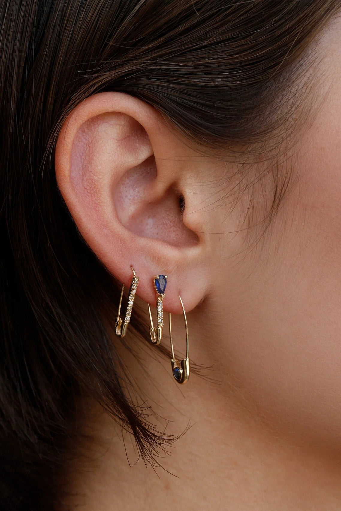Mini Gemstone Diamond Safety Pin Earring in 14k Gold & Blue Sapphire