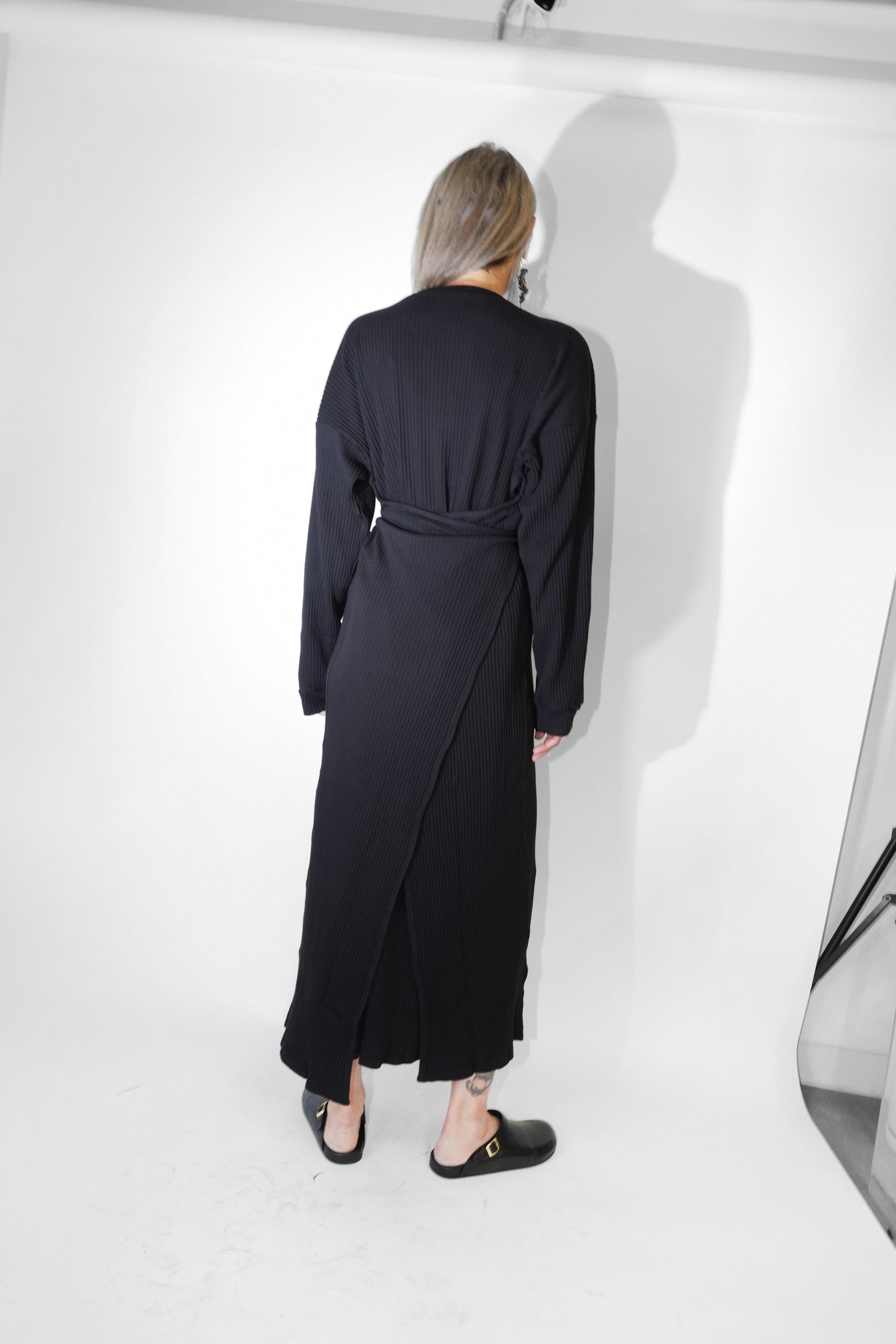 Shaw Long Sleeve Caftan in Black Organic Cotton Fleece by Baserange