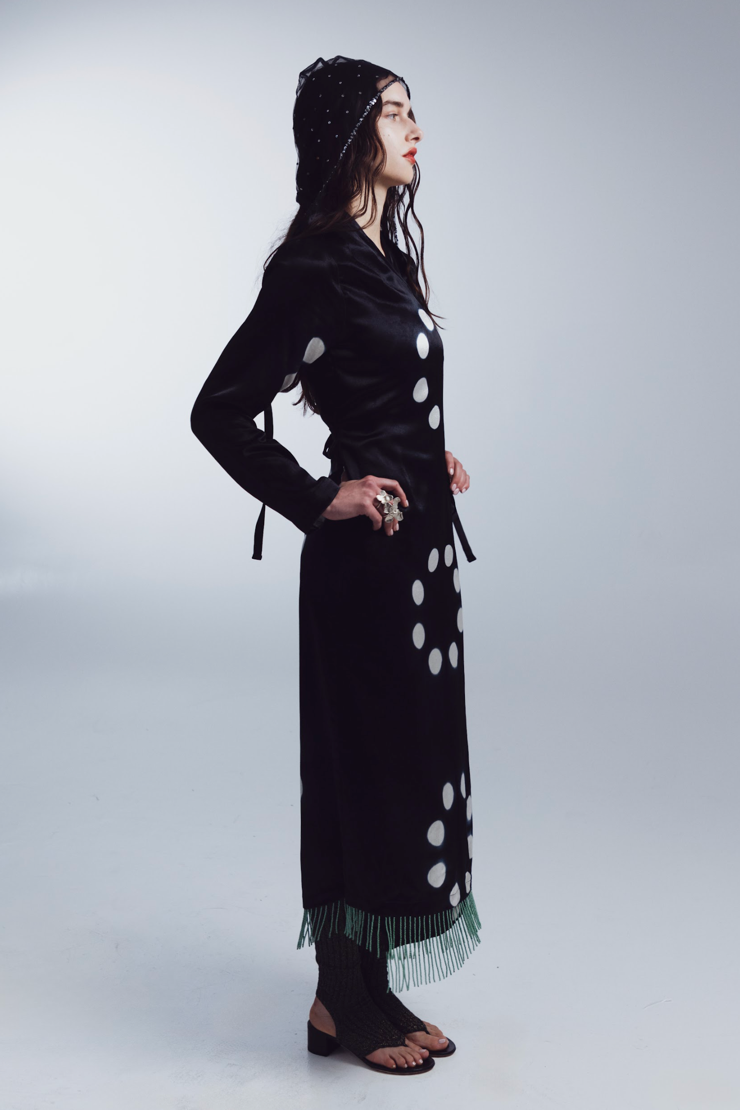 Moon Dye Wrap Dress in Black & White with Turquoise Beaded Fringe