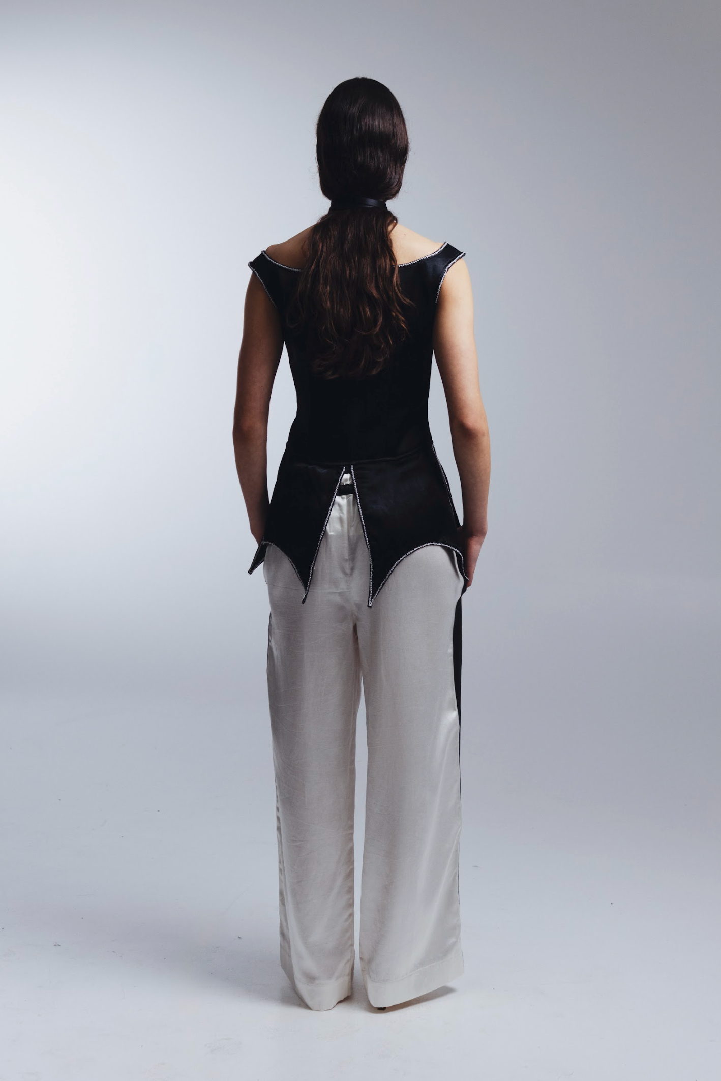 Silk Structured Top with Rosettes in Black + Beaded Neck Tie
