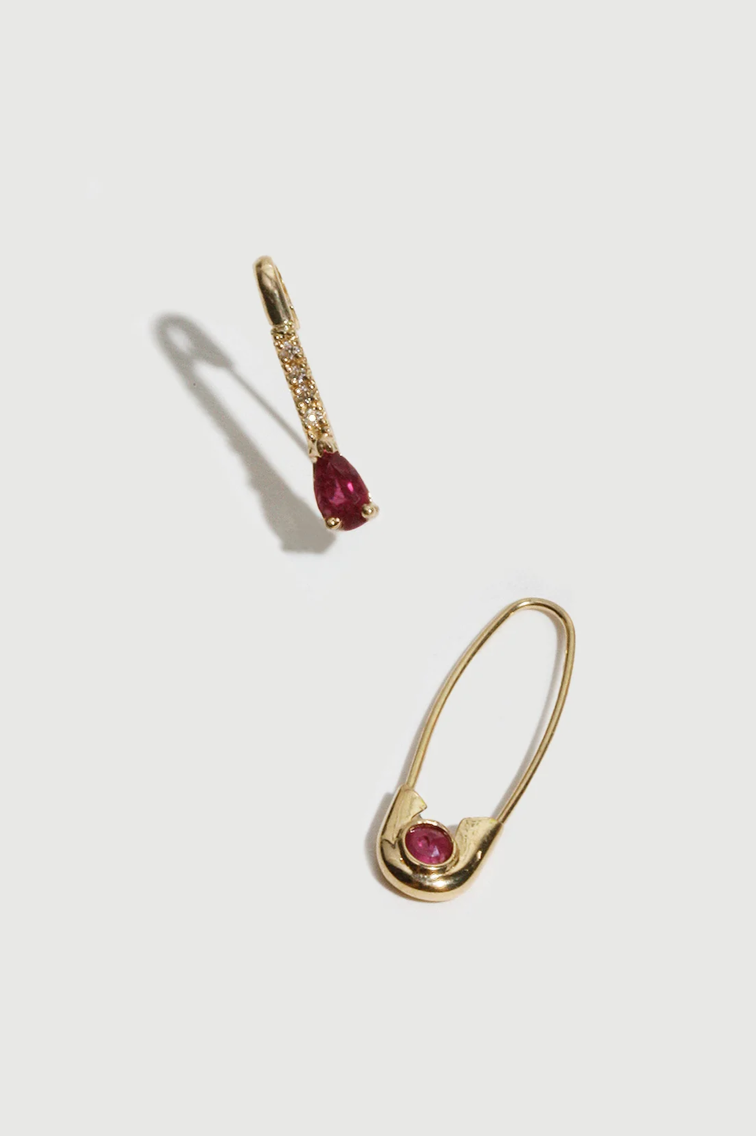 Mini Gemstone Diamond Safety Pin in 14k Yellow Gold & Ruby