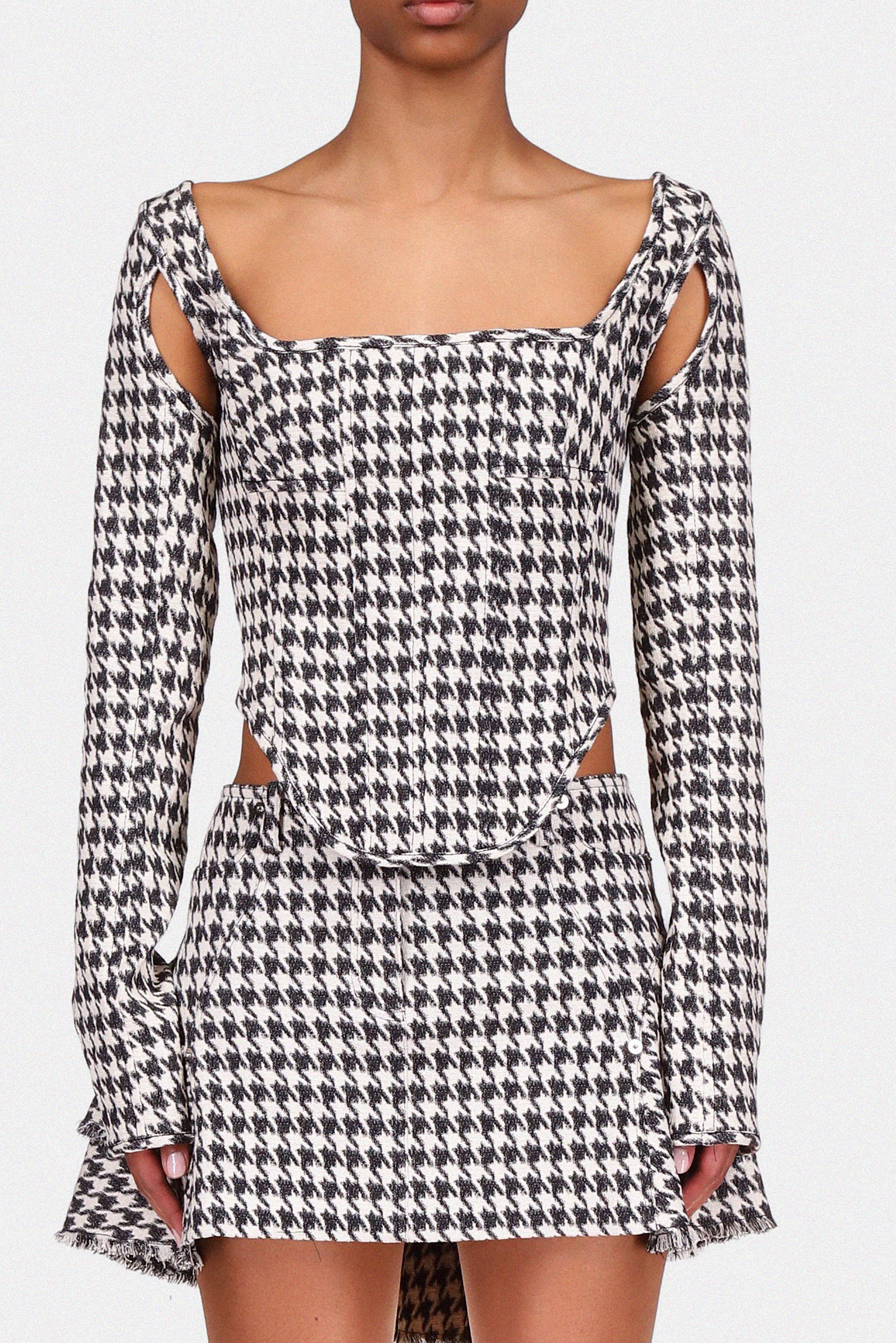 Long Sleeve Corset in Houndstooth Stretch Wool