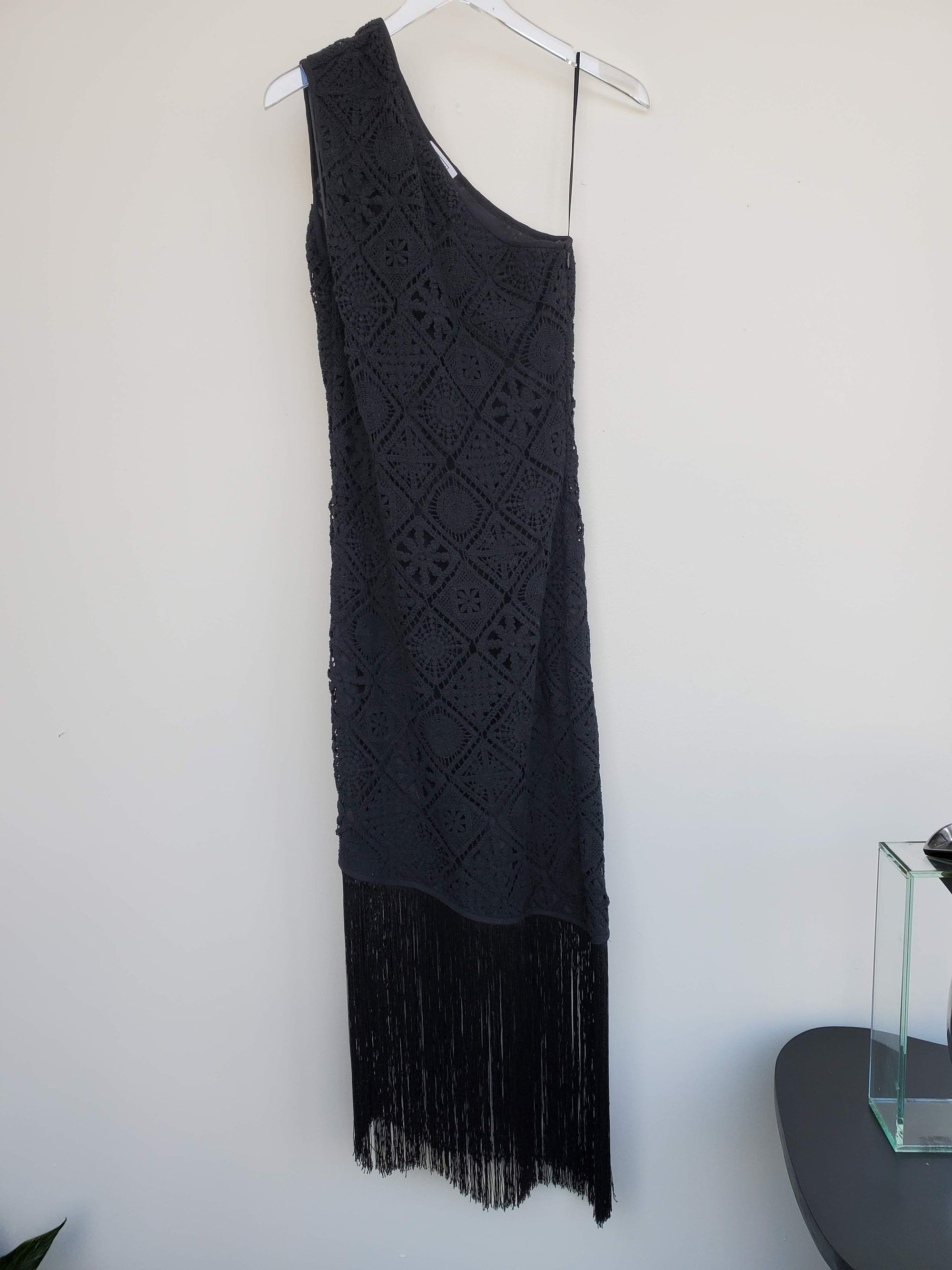 One Shoulder Crochet Fringe Dress in Black