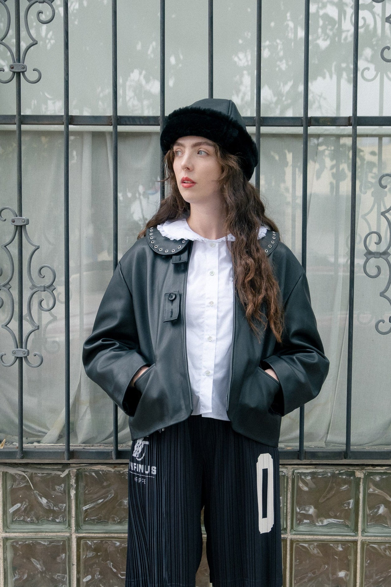 Leather Back Straight Hair Sheepskin Cap