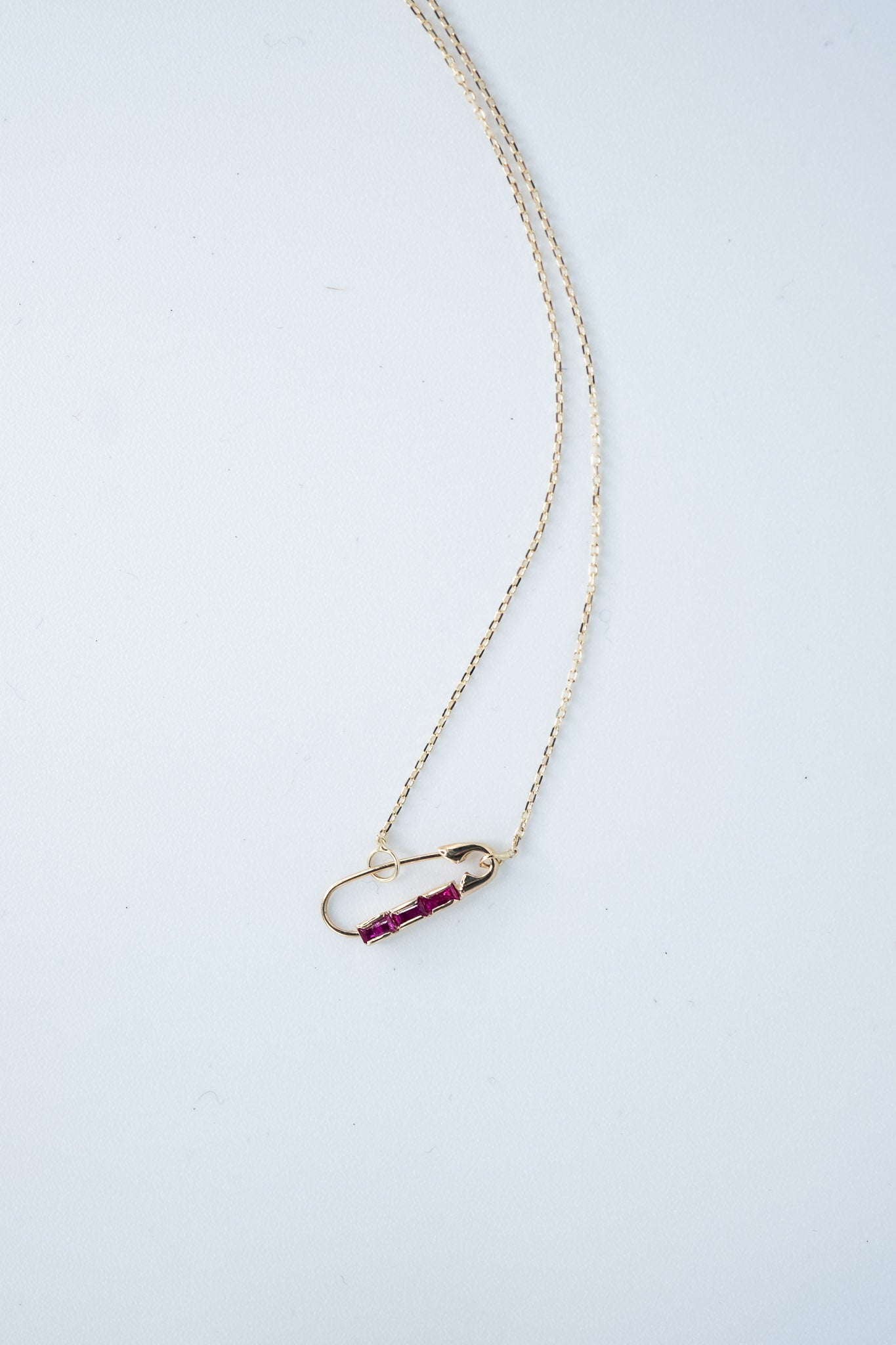 Baguette Safety Pin Necklace in 14k Gold & Rubies