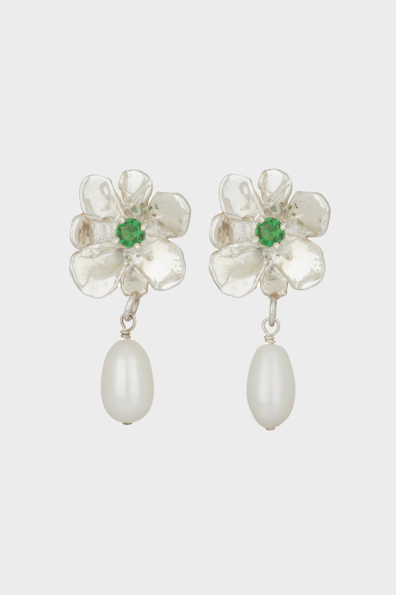 Flower Pearl Drop Earrings in Silver & Green