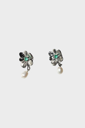 Flower Pearl Drop Earrings in Silver & Green