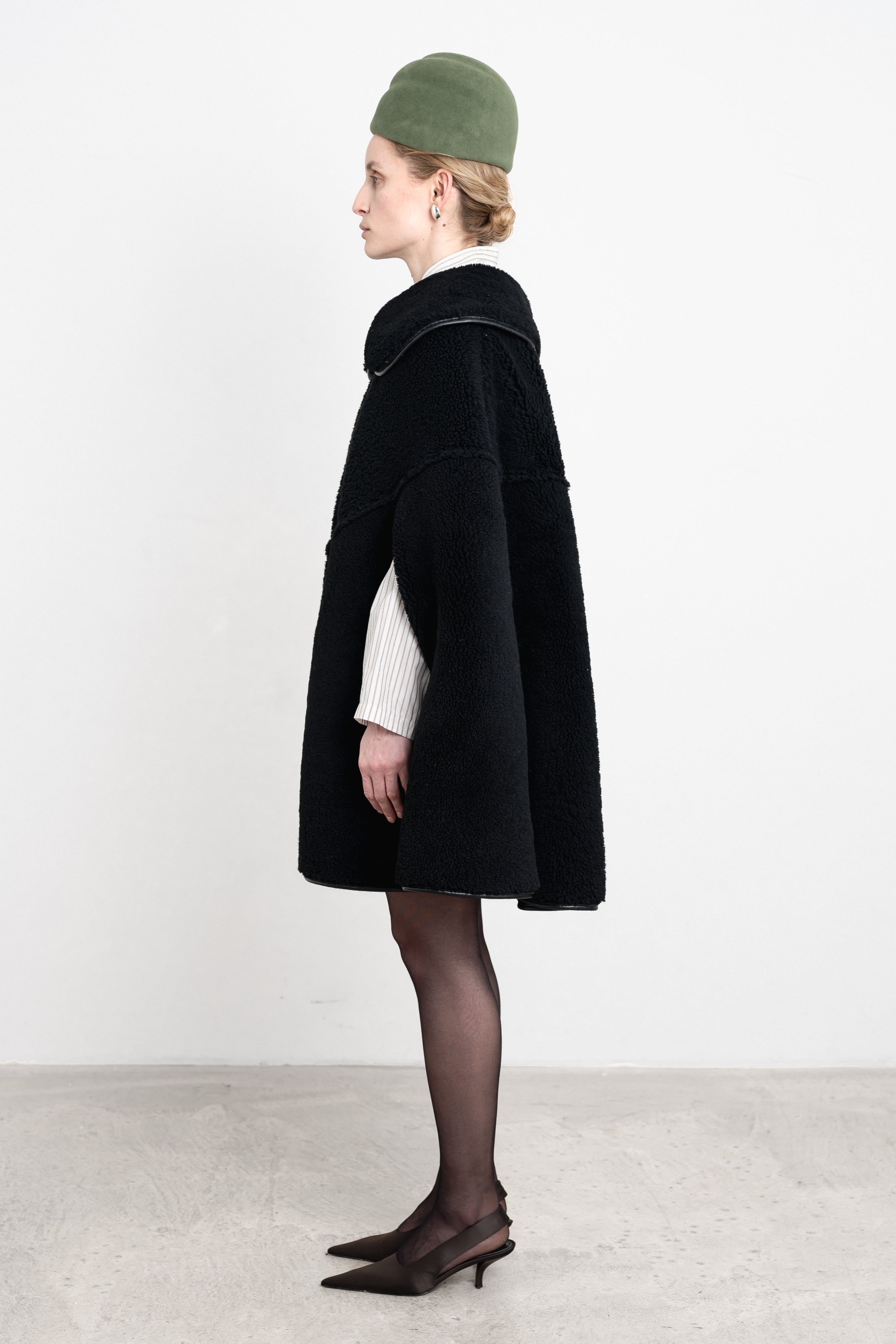 Etta Cape in Black Suede Back Curly Sheepskin