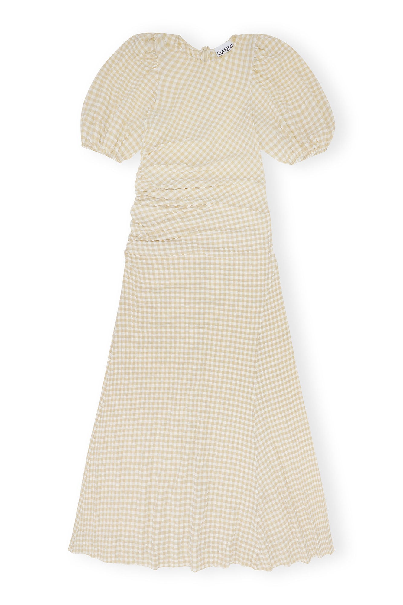 Seersucker Puff Sleeve Dress in Pale Khaki by Ganni http://www.shoprecital.com