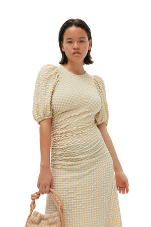 Seersucker Puff Sleeve Dress in Pale Khaki by Ganni