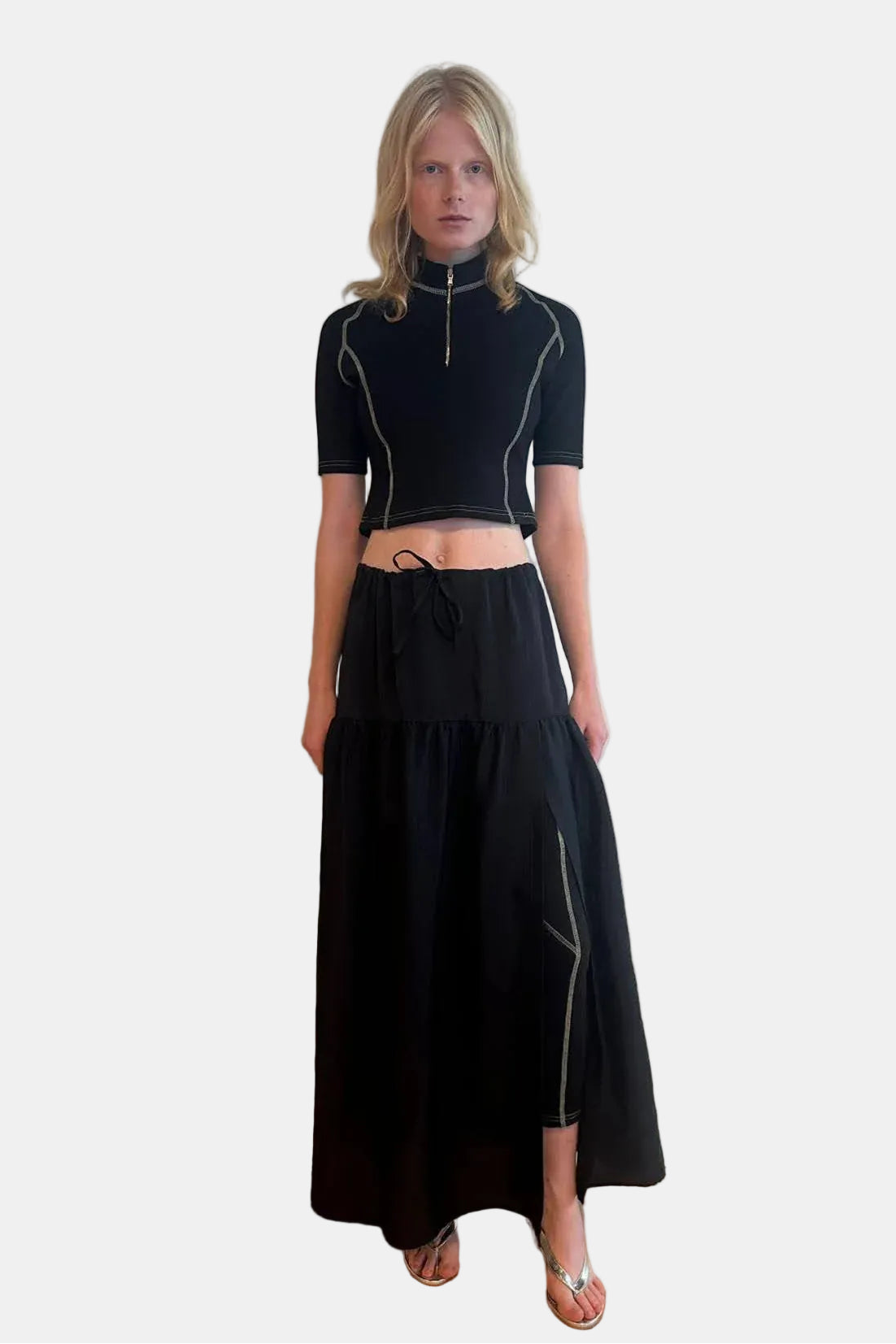 Scuba Cropped Zip Mockneck in Black & Pistachio