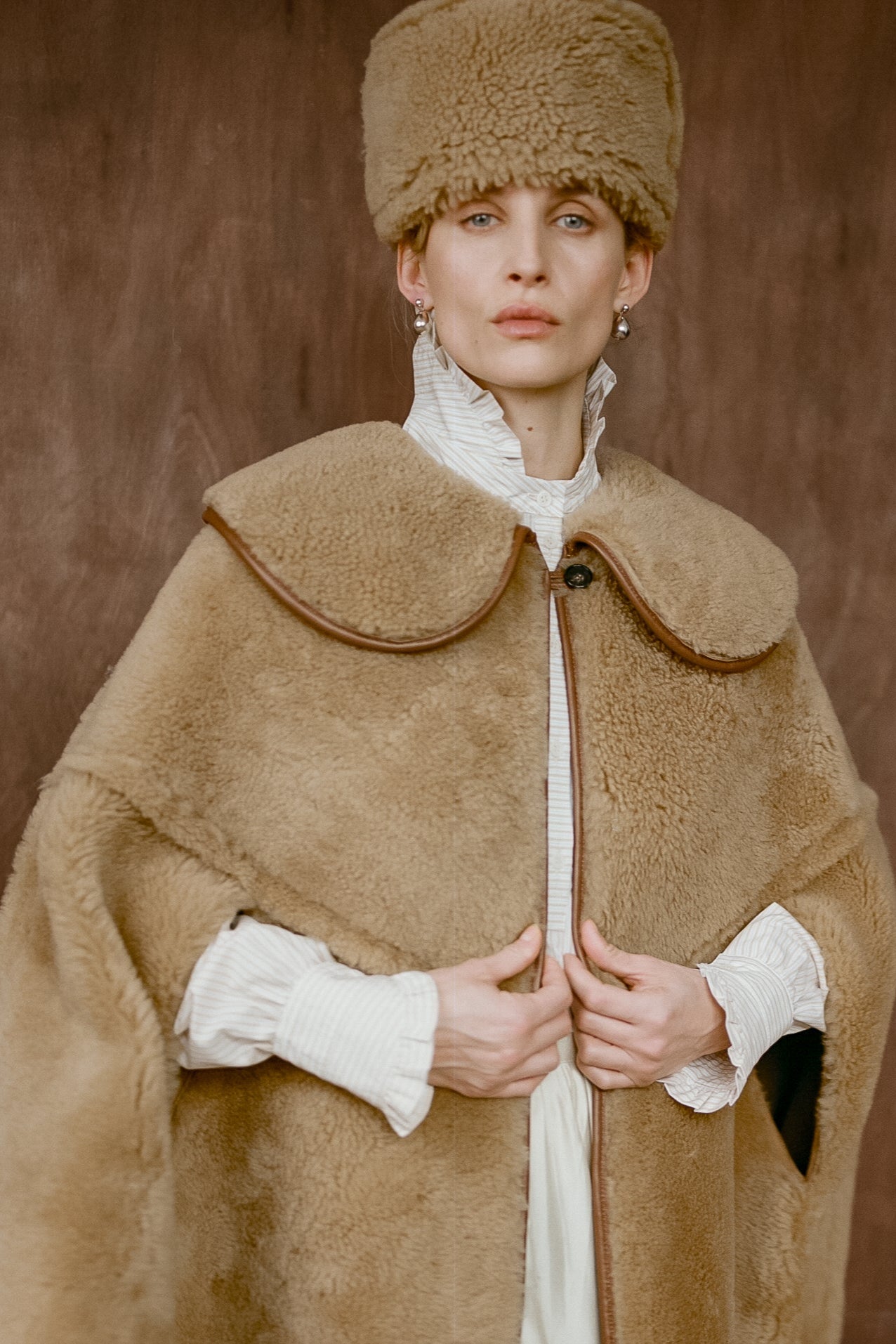 Etta Cape in Tan Suede Back Curly Sheepskin