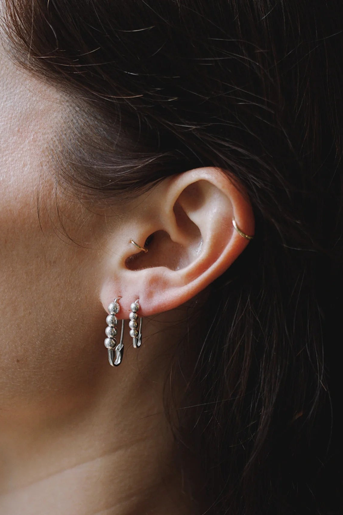 Mini Friendship Bead Safety Pin Earring in Sterling Silver