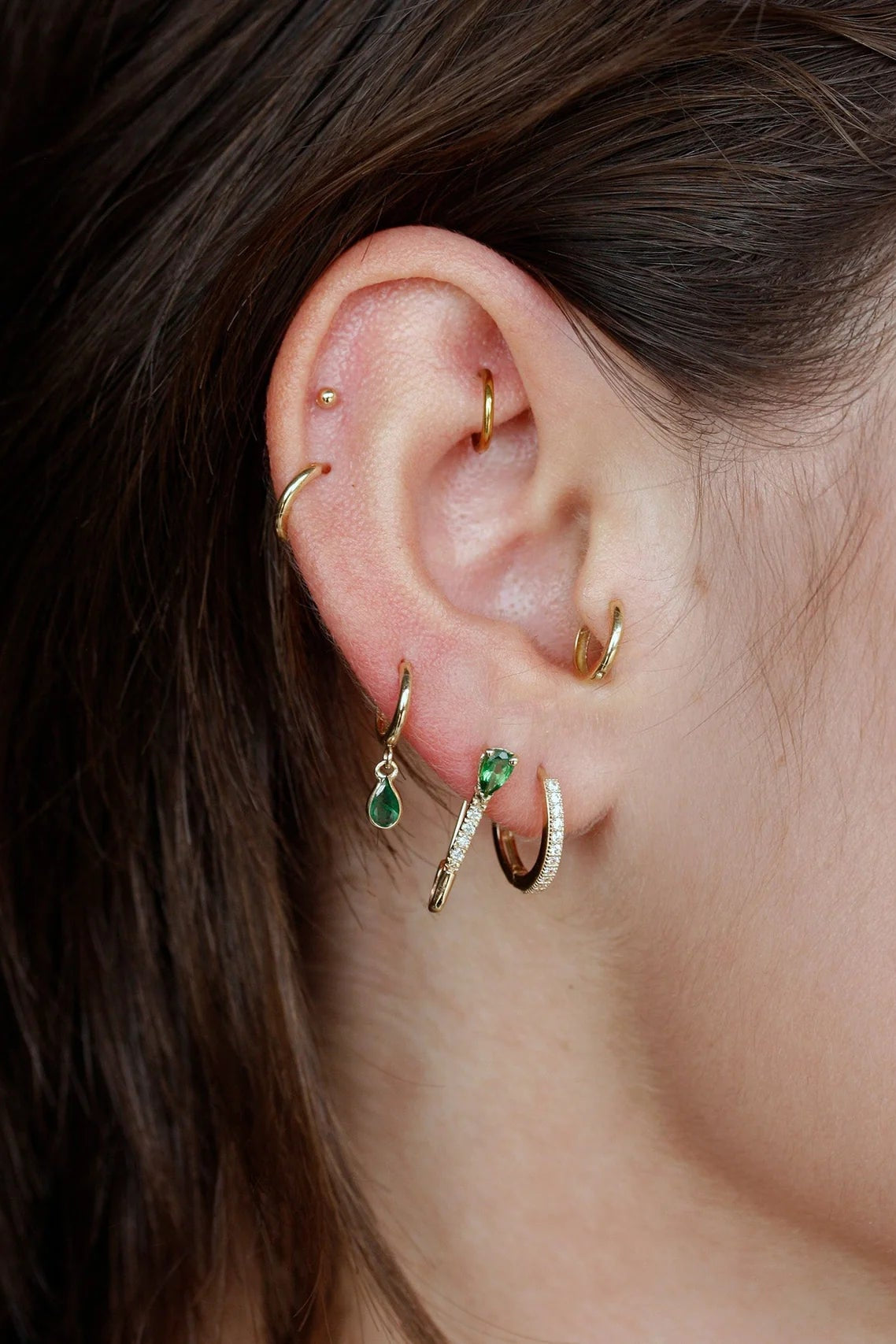 Mini Gemstone Diamond Safety Pin Earring in 14k Yellow Gold & Tsavorite
