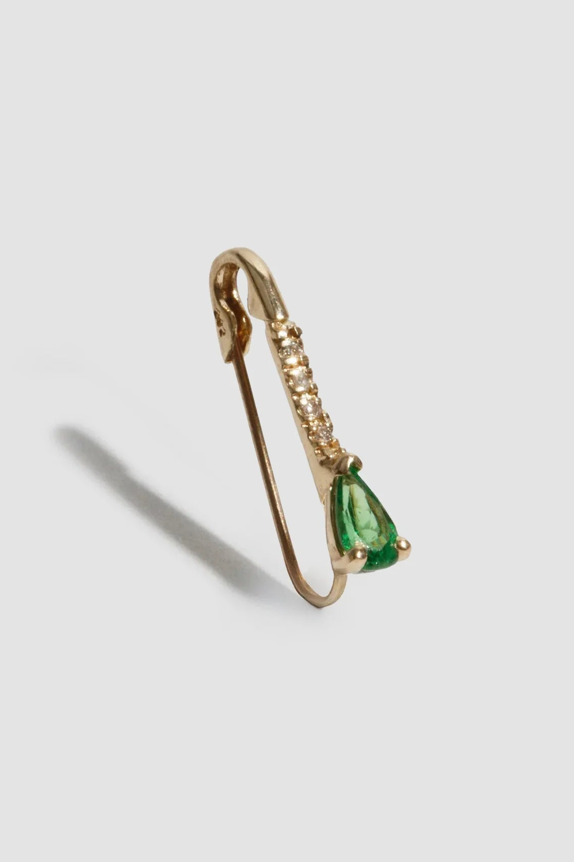 Mini Gemstone Diamond Safety Pin Earring in 14k Yellow Gold & Tsavorite