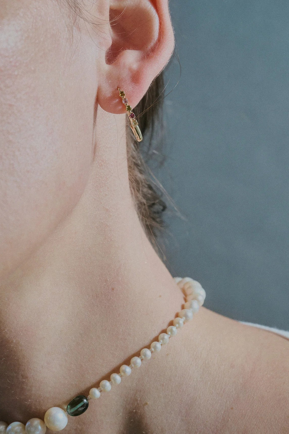 Ombre Prong Safety Pin Earring in Mixed Tourmaline & 14k Gold