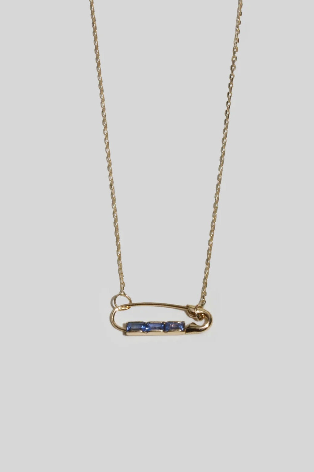 Mini Baguette Safety Pin Necklace in 14k Gold & Sapphires