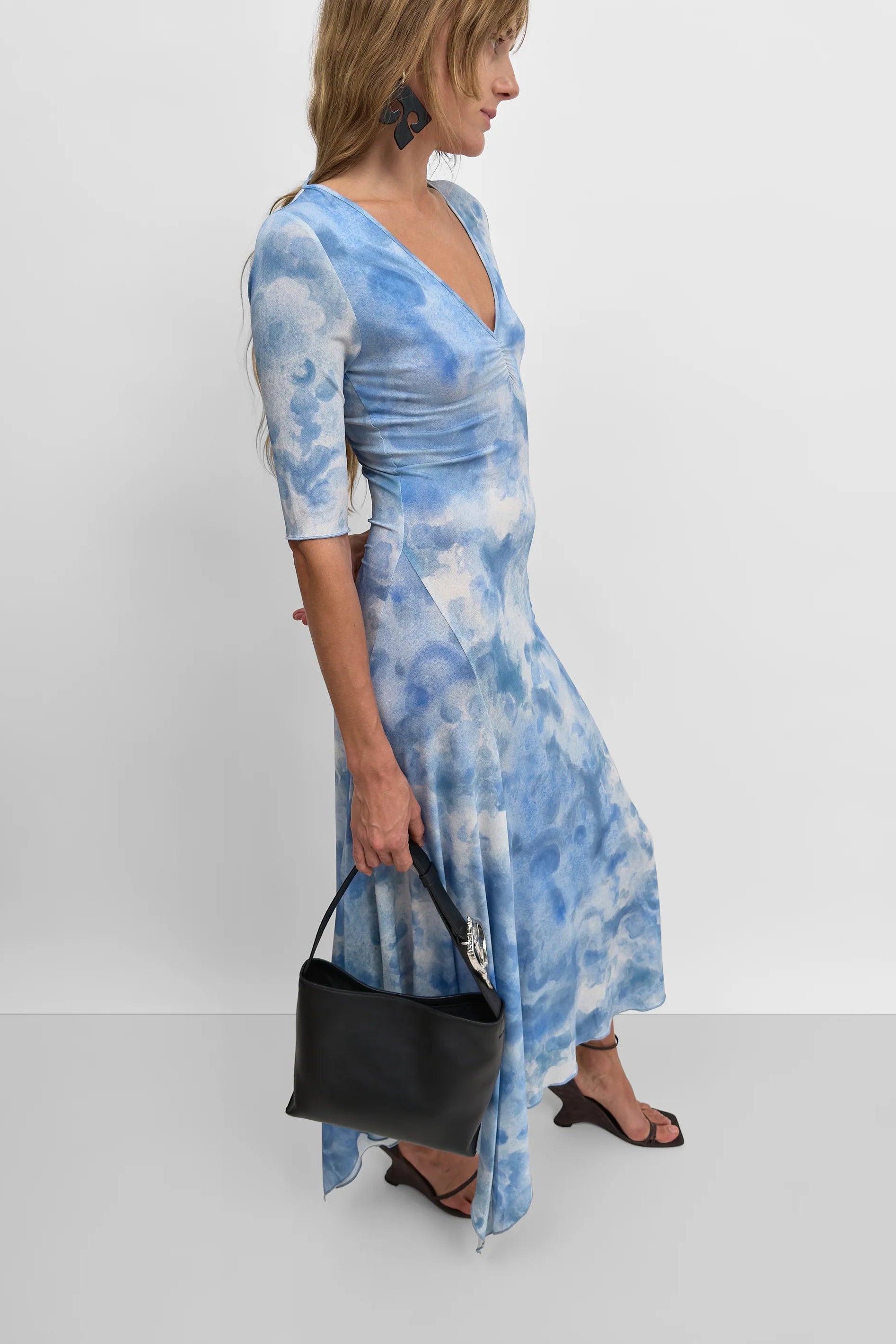 Jett V-Neck Open Back Tricot Dress in Clouds