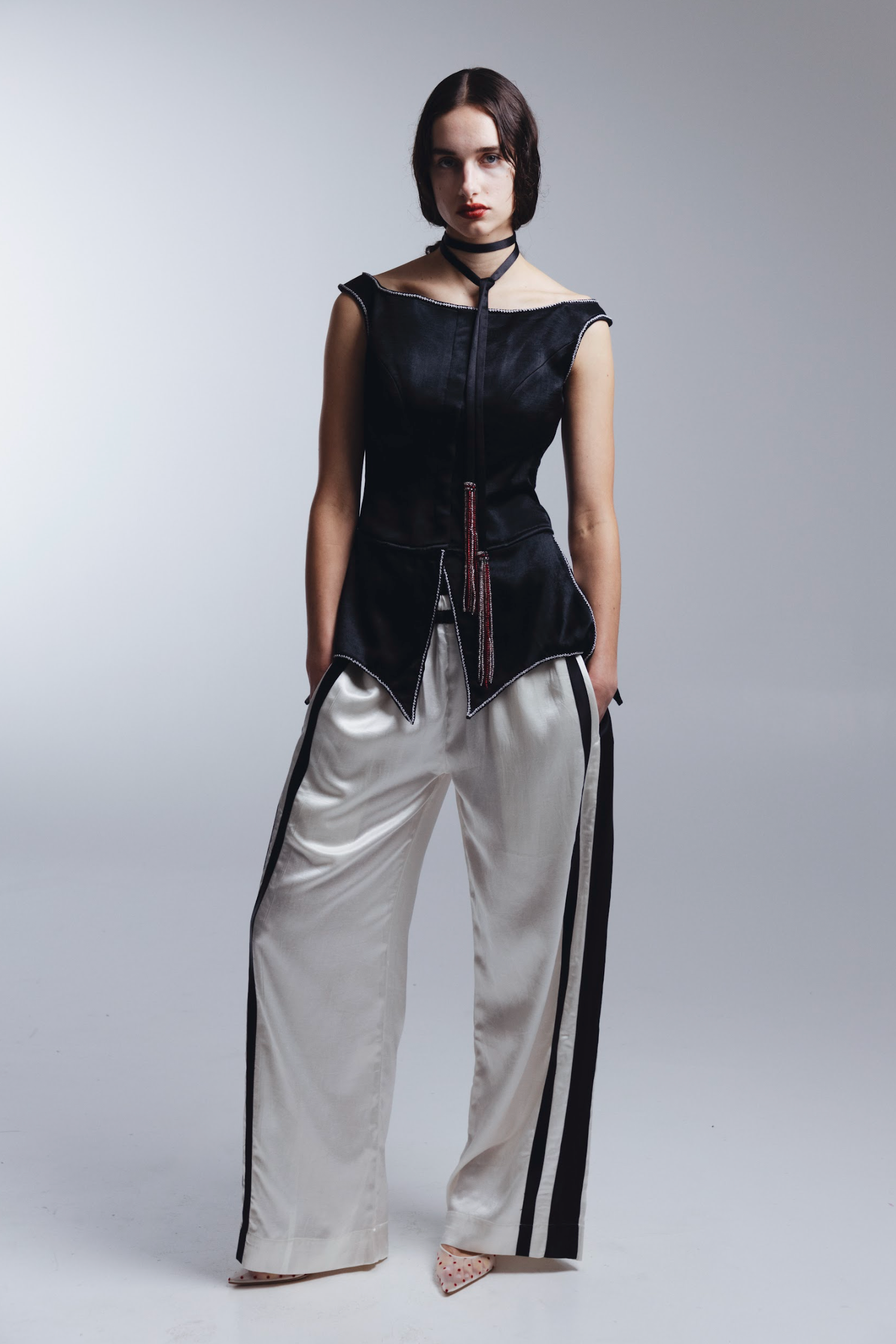 Silk Structured Top with Rosettes in Black + Beaded Neck Tie