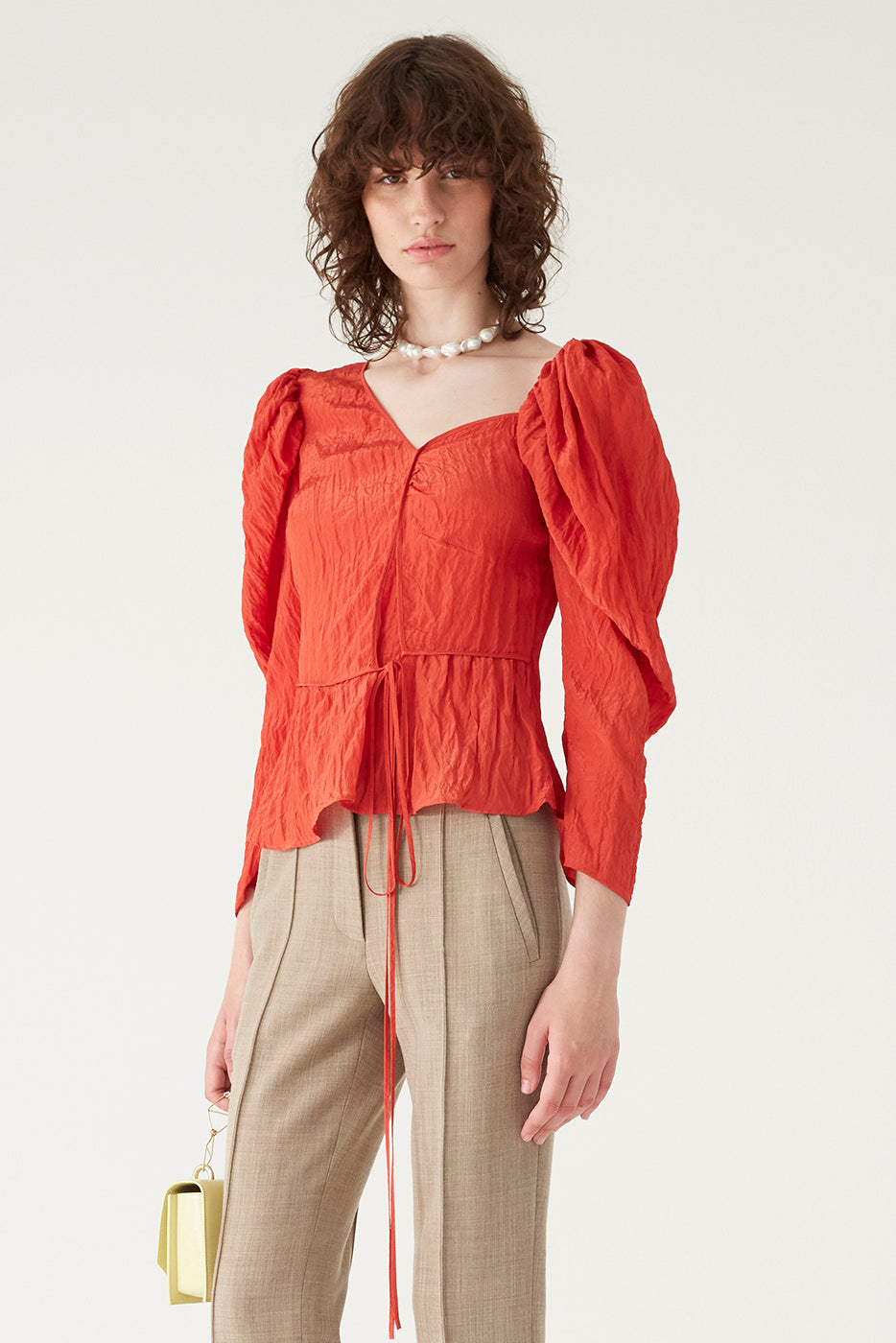 Fiona Blouse in Red Crinkle Satin by Rejina Pyo